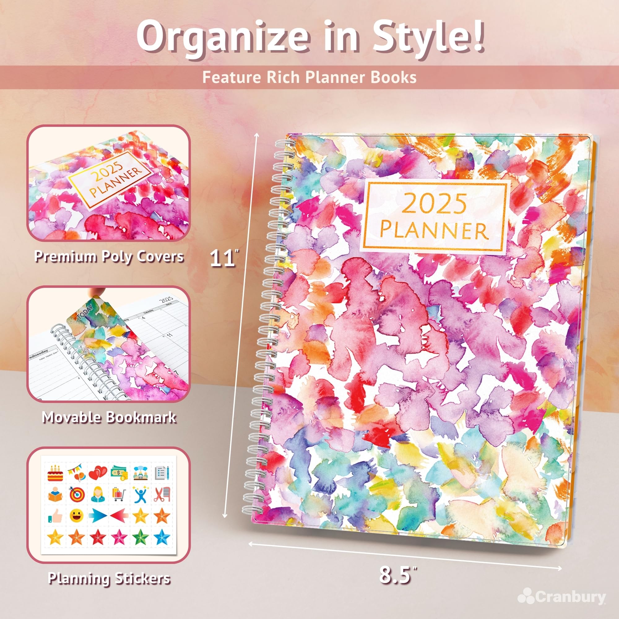 2025 CRANBURY Large Watercolor Planner - 8.5x11 Desktop Weekly & Daily Calendar with Laminated Monthly Tabs, Movable Bookmark, Stickers & Storage Pockets - Perfect for Office, School & Home Organization