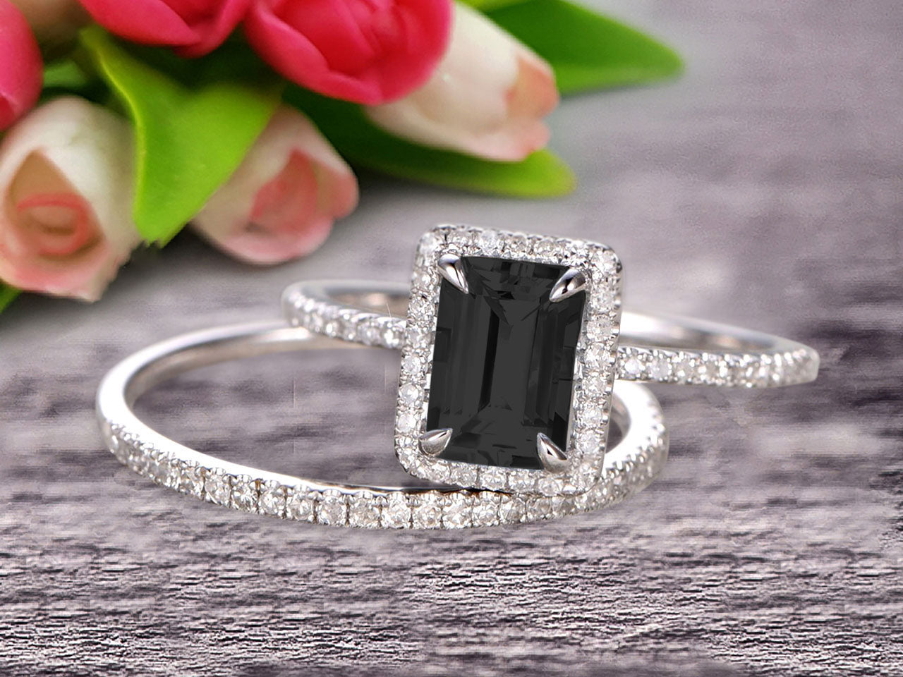 1.75 Carat Emerald Cut Black Diamond Moissanite Wedding Set with Matching Band in 10k White Gold | Elegant Engagement Ring for Women | Perfect for Proposals, Anniversaries, and Special Occasions