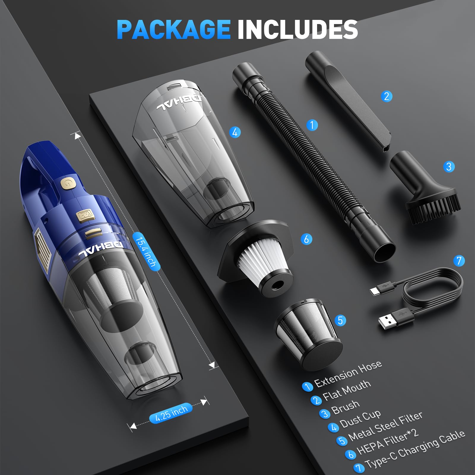Cordless Handheld Vacuum Cleaner - 15000PA Powerful Suction, Lightweight & Rechargeable with Multi Accessories | Portable Car & Home Dust Buster for Quick Cleaning, Pet Hair Removal, and Small Space Maintenance