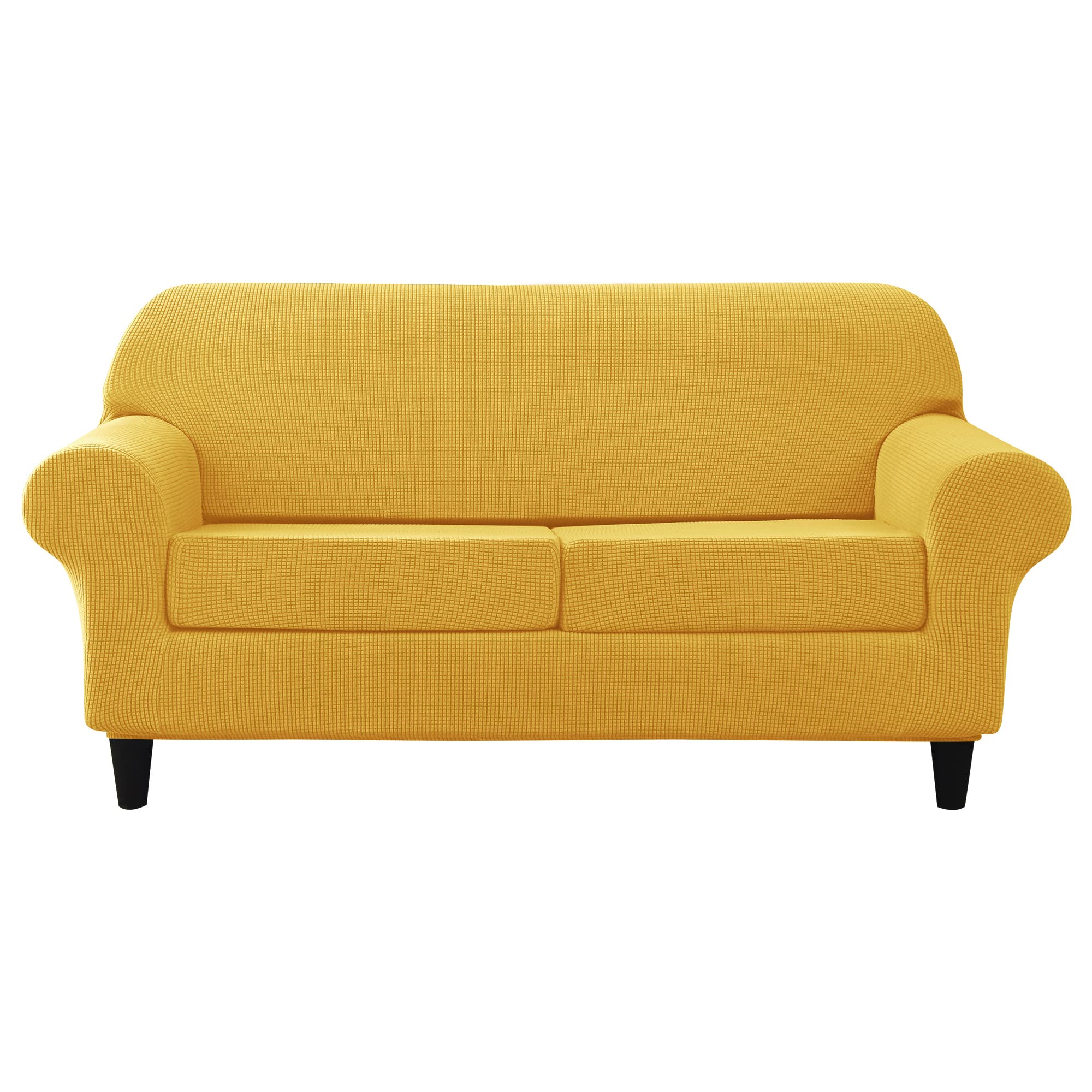 CONRUSER Stretch Sofa Slipcover - Soft Jacquard Washable Furniture Protector for 2 Cushion Couch, Pet & Kid Friendly Sofa Cover (Yellow, Medium) - Perfect for Living Room, Family Room & Home Decor