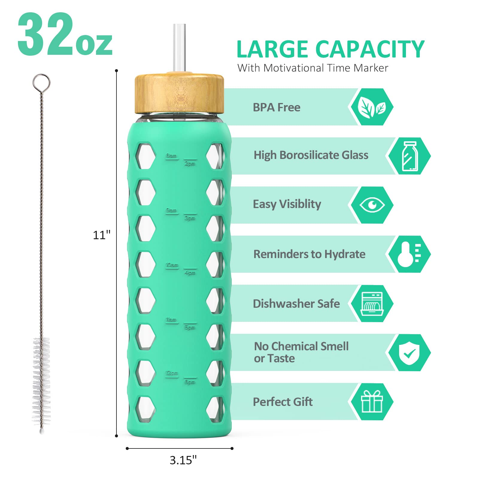 32oz Glass Water Bottle with 2 Lids - Leakproof Handle Spout & Bamboo Straw Lid, Motivational Time Marker Tumbler with Silicone Sleeve - Perfect for Gym, Hiking, Office & Travel (Green, 1 Pack)