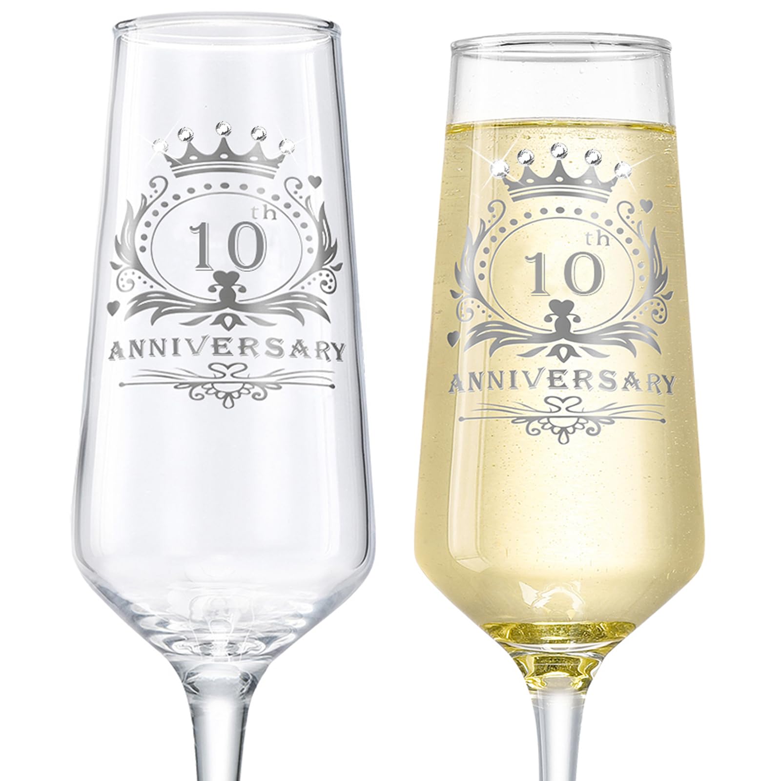 ROXBURGH 10th Wedding Anniversary Champagne Flutes Set of 2 - 7 OZ Crystal Glasses for Couples, Romantic Gifts & Anniversary Decorations - Perfect for Toasting, Wedding Celebrations & Romantic Dinners