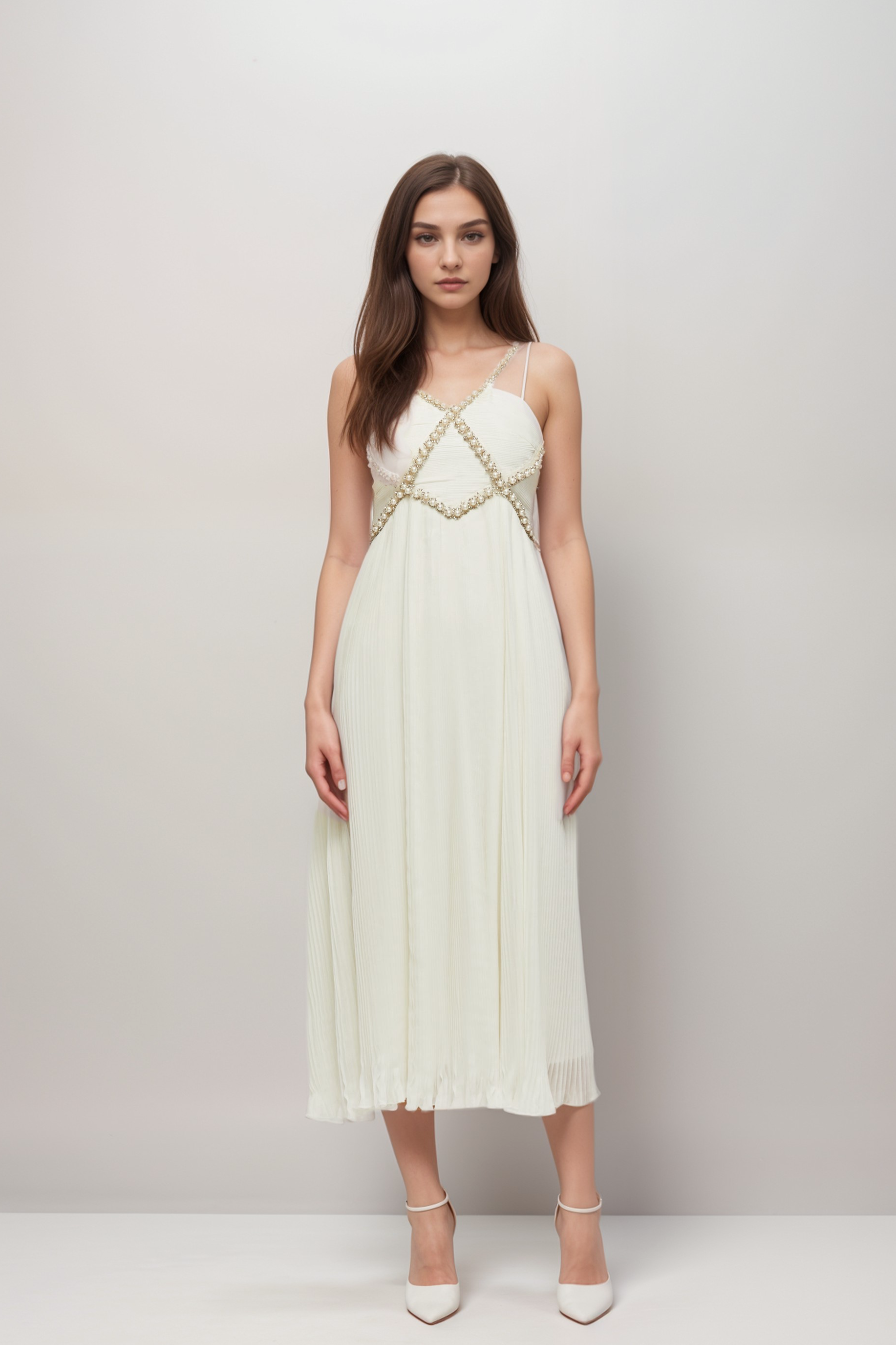 Elegant Hermine V-Neck Faux Pearl Embellished Midi Dress for Women - Perfect for Weddings, Parties & Special Occasions