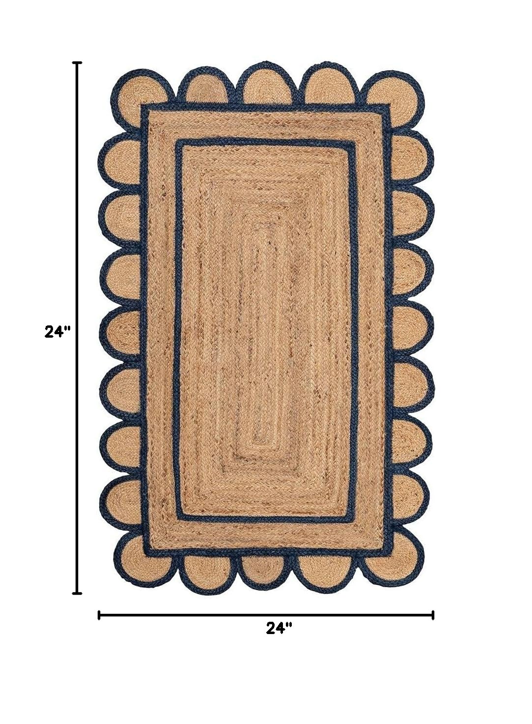 Handwoven Jute Area Rug with Scalloped Edge - 6x6 Square Feet Natural Beige Farmhouse Rug with Blue Border for Bedroom, Living Room, Kitchen - Perfect for Boho, Coastal, and Rustic Home Decor