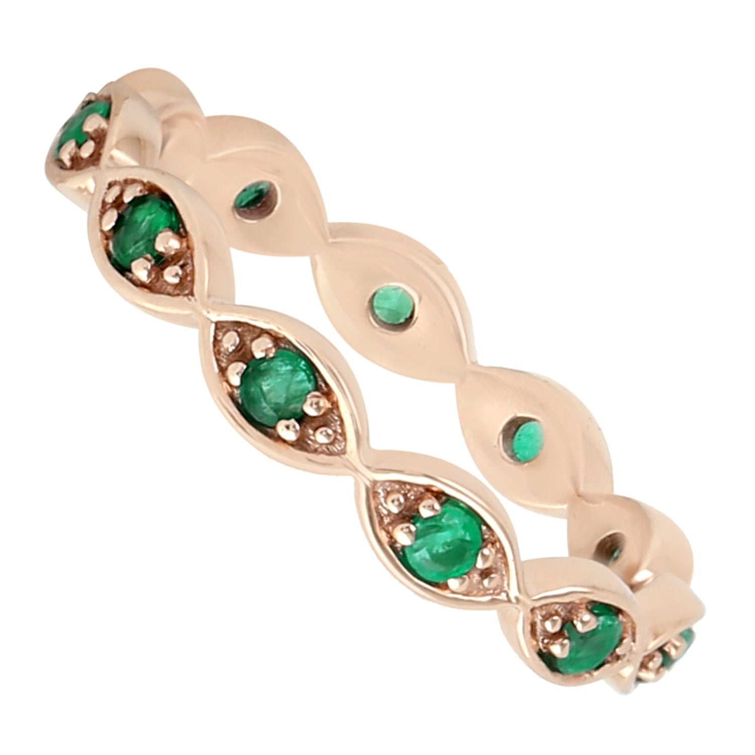 14K Rose Gold Prong Set Emerald Gemstone Designer Band Ring for Women - Elegant Wedding, Engagement & Anniversary Jewelry Gift