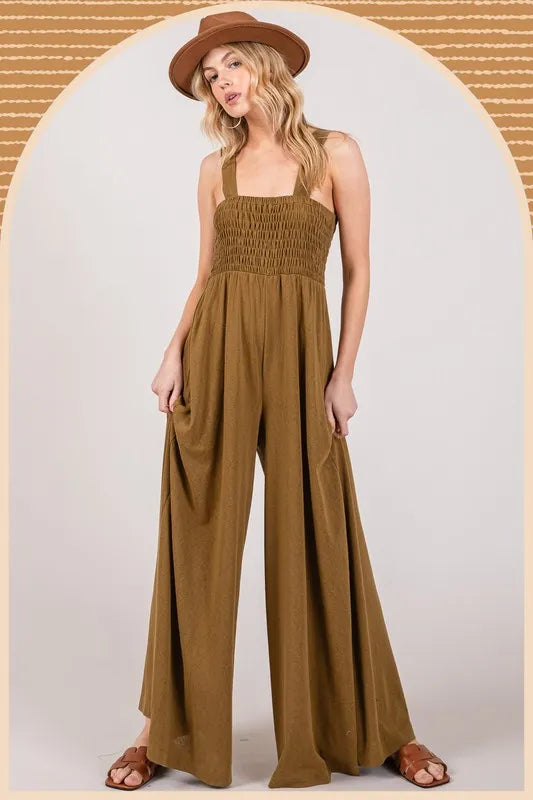 Olive Green Flowy Wide Leg Jumpsuit for Women - Boho Chic Romper with Pockets | Perfect for Summer Outfits, Beach Vacations & Casual Wear