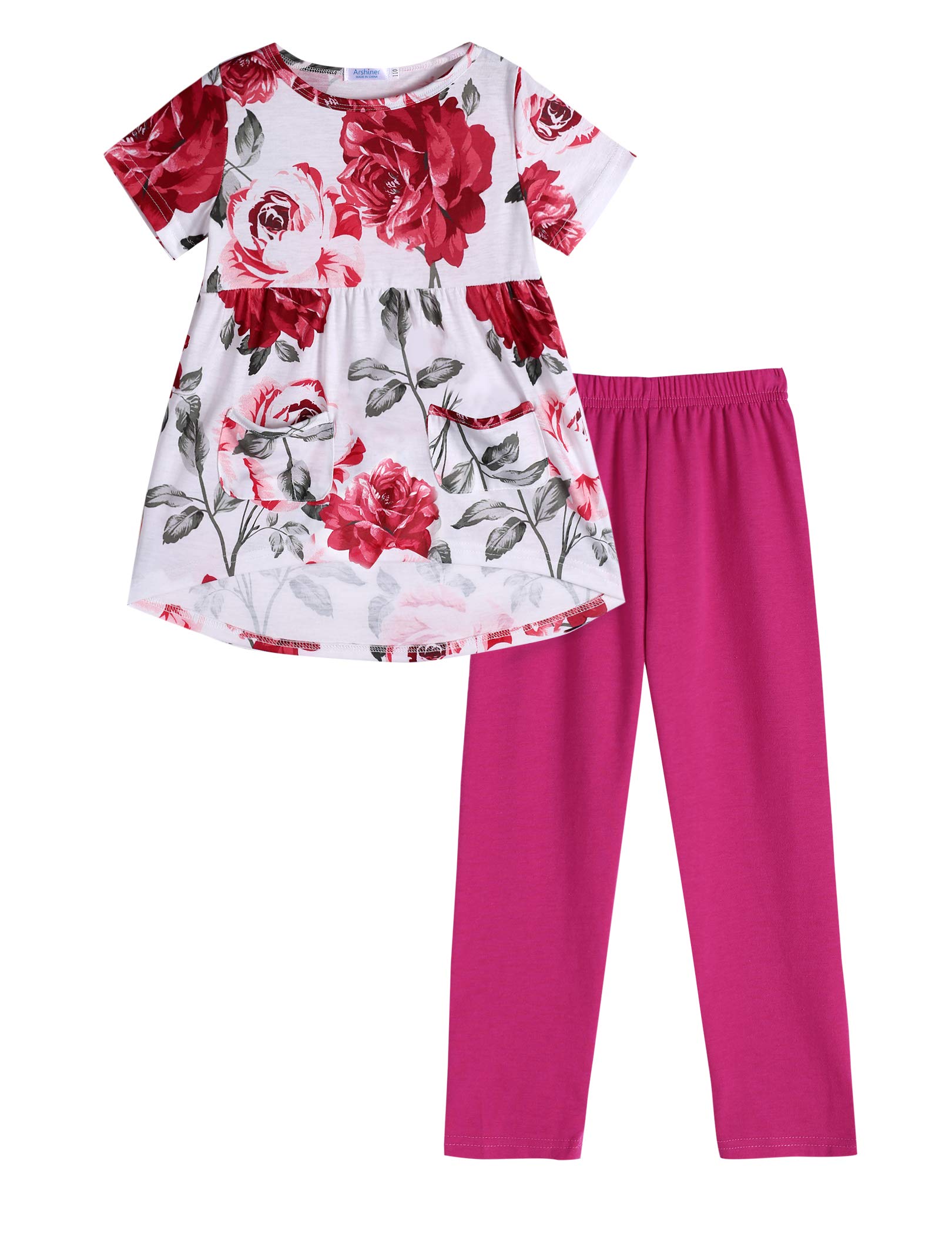 Arshiner Toddler Girls Floral Hi-Lo Top and Pants Set - 2 Piece Outfit with Pockets, Short Sleeve Playwear for Spring & Summer | Perfect for Playdates, Daycare & Outdoor Activities