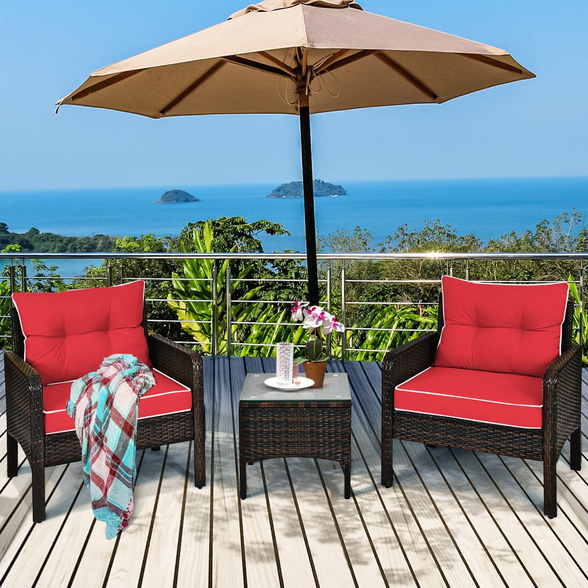 HAPPYGRILL 3-Piece Outdoor Patio Furniture Set - Rattan Wicker Coffee Table & Chairs with Cushions - Garden, Balcony, Backyard & Poolside Conversation Set for Relaxing & Entertaining