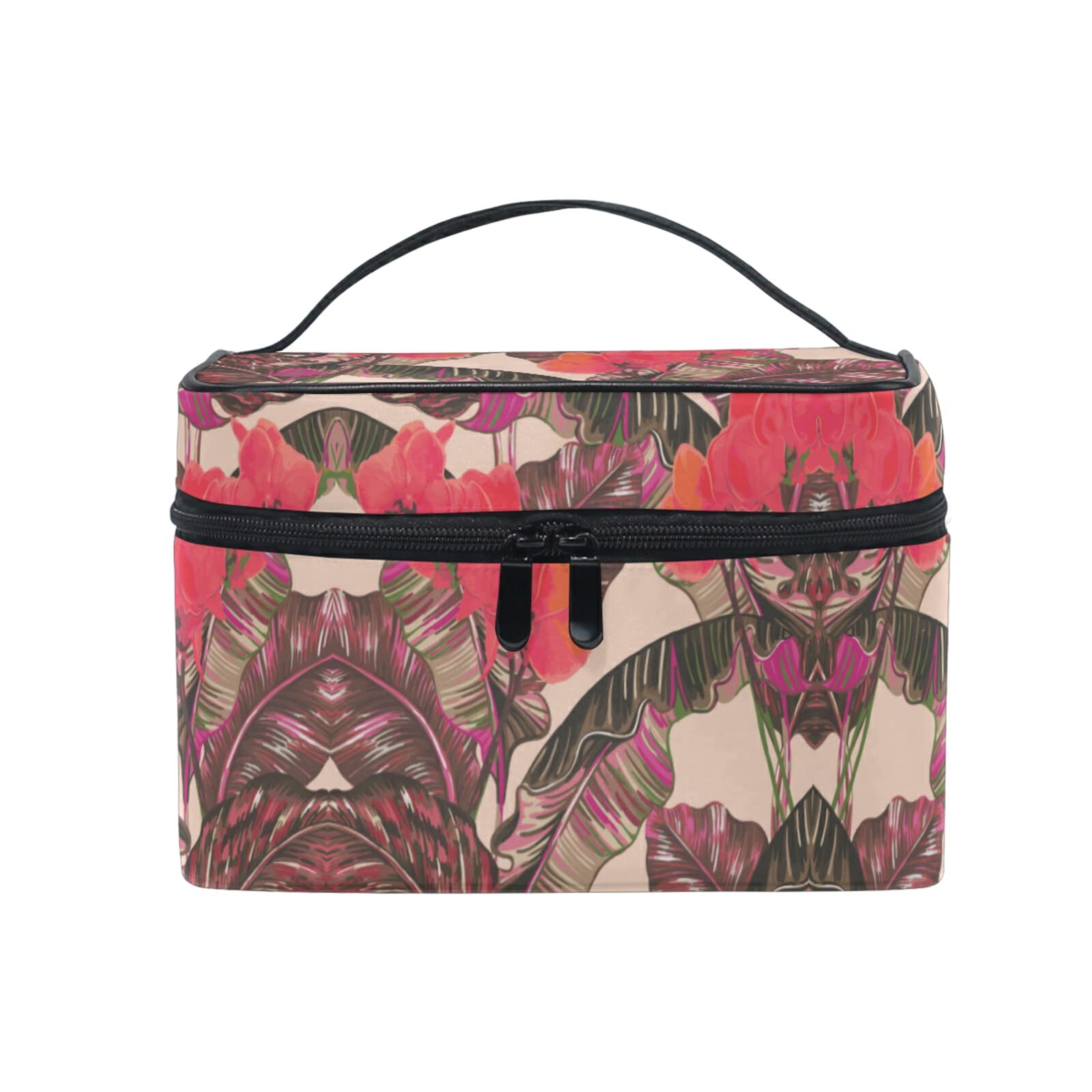 Pink Leaf Floral Cosmetic Bag for Women - Waterproof Makeup Organizer with Zipper - Perfect for Travel, Gym, and Daily Essentials Storage
