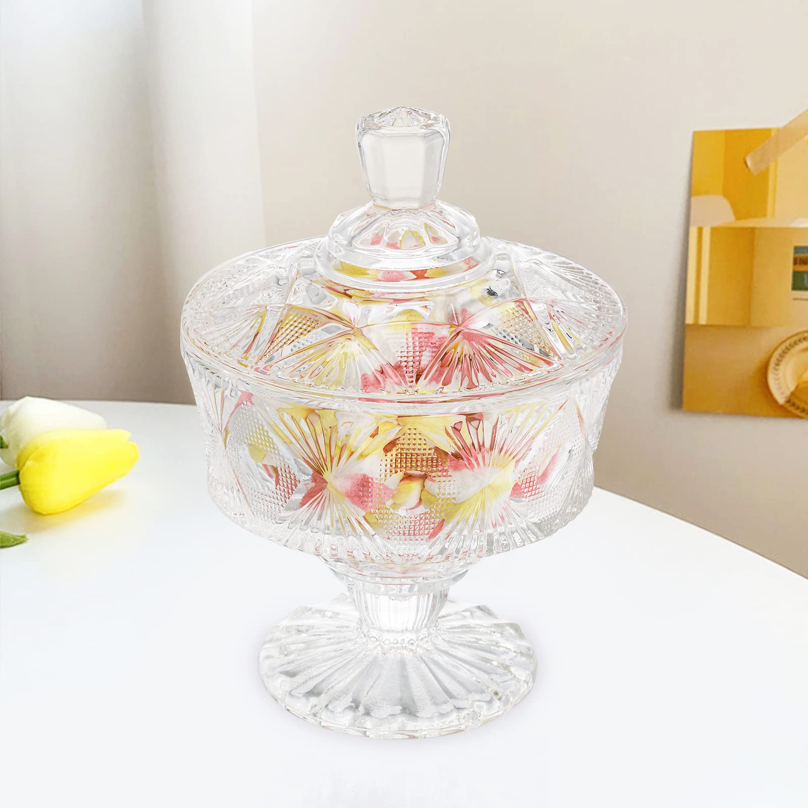 Frcctre 2 Pack 15 Oz Glass Candy Dish with Lid - Crystal Candy Bowl & Cookie Jar, Decorative Apothecary Jar for Parties, Candy Buffet, Weddings, Christmas - Perfect for Home Decor, Kitchen Storage & Holiday Gift Giving