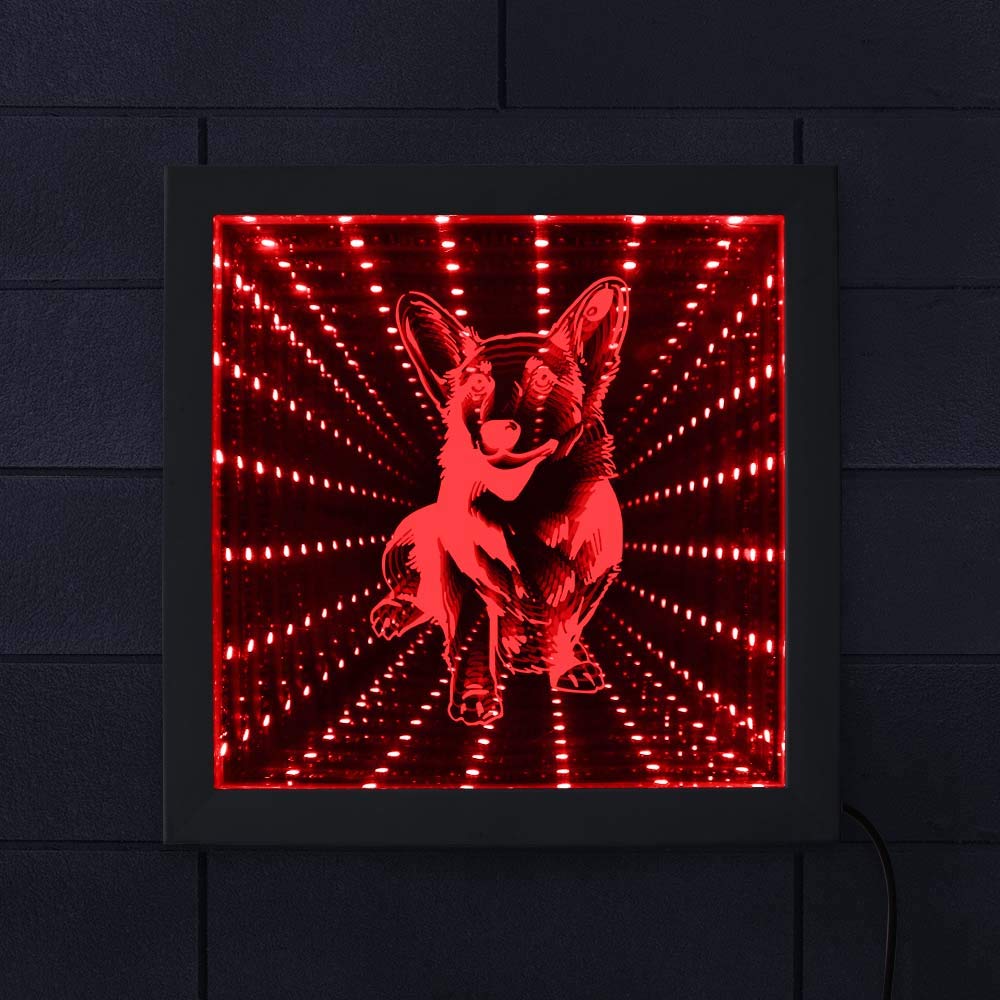 Corgi LED Infinity Mirror Lamp - USB Powered RGB Neon Light with Remote Control, Wood Frame, Animated Tunnel Lighting for Home Decor | Perfect for Bedroom, Living Room, and Office