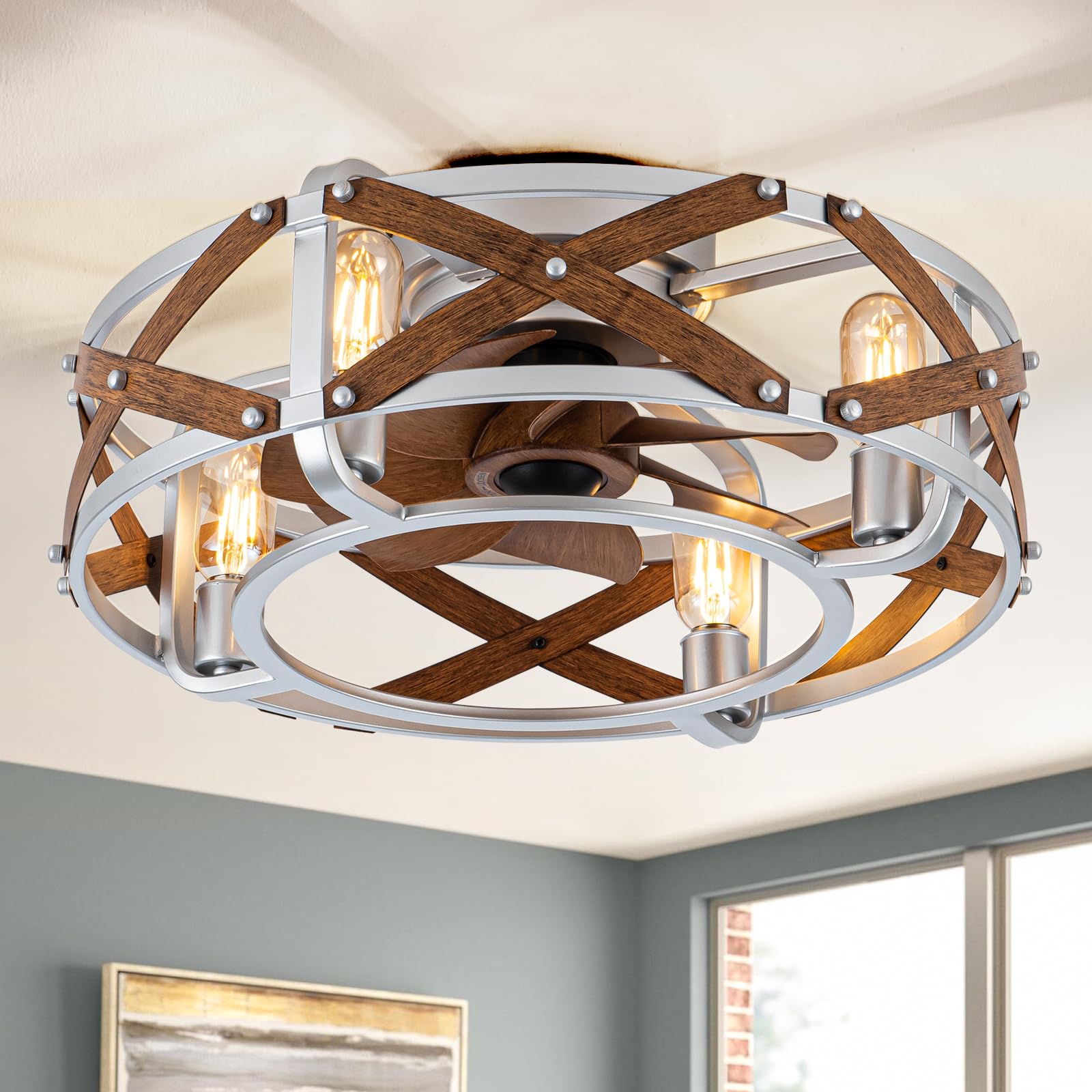 20 Inch Low Profile Bladeless Ceiling Fan with LED Light - Silver Enclosed Small Ceiling Fan for Kitchen, Bedroom, Office - Quiet Energy Efficient Cooling with Modern Design