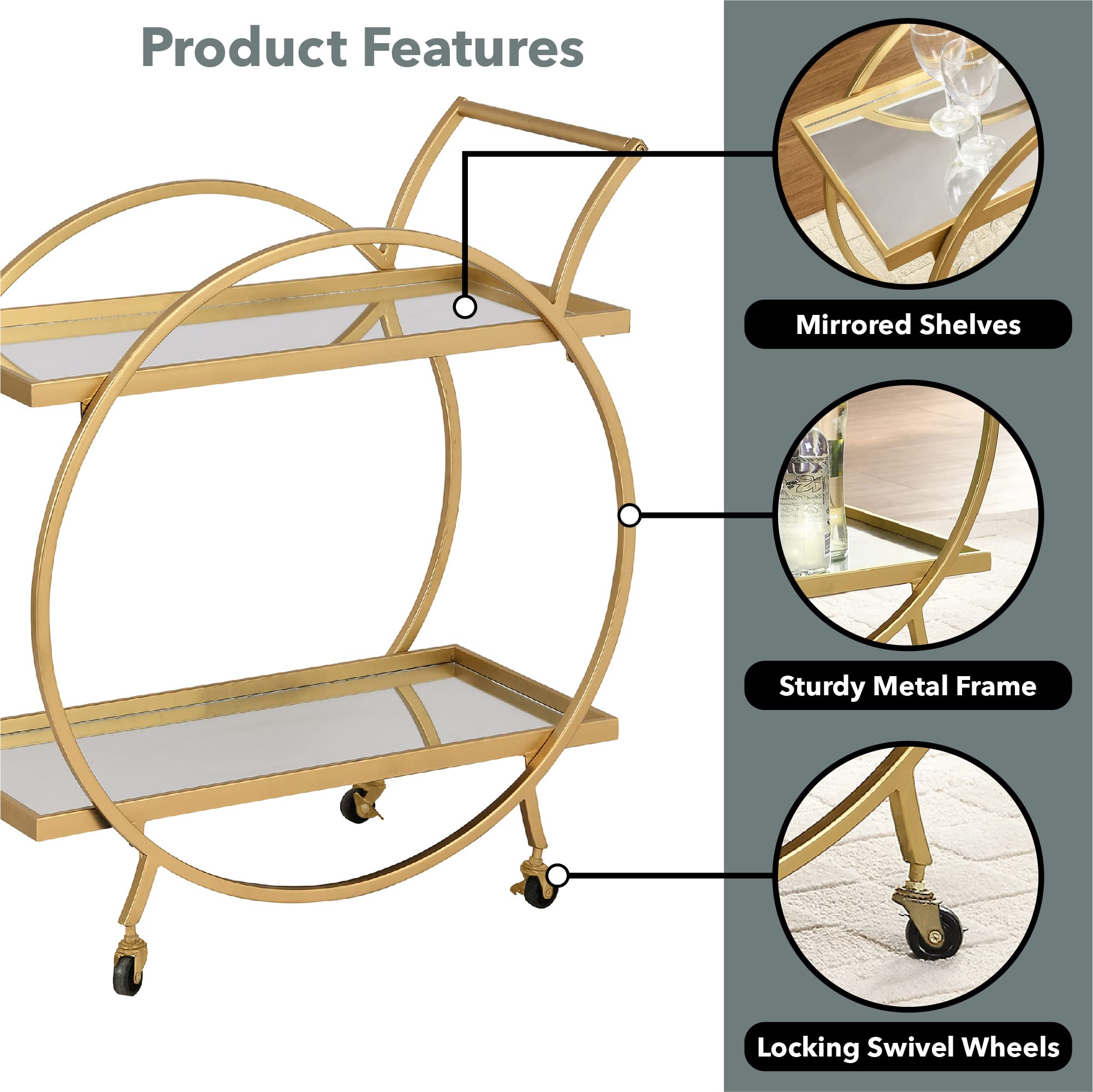 FirsTime & Co. Gold Odessa 2-Tier Bar Cart - 28 Inch Mobile Mini Bar with Storage | Kitchen Serving Cart, Coffee Station & Liquor Organizer | Metal & Mirror Modern Design for Home, Office or Party Use