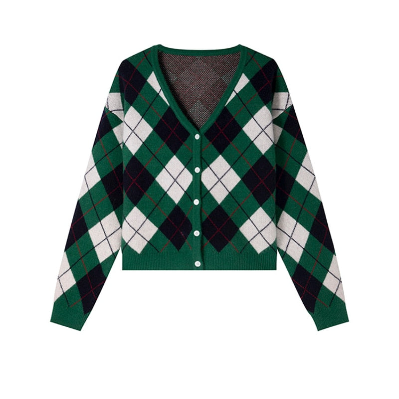 Women's Autumn Argyle Knit Cardigan - Plaid Long Sleeve V-Neck Loose Fit Casual Sweater | Korean Style Short Jacket in Green | Perfect for Office Wear, Coffee Dates & Fall Layering