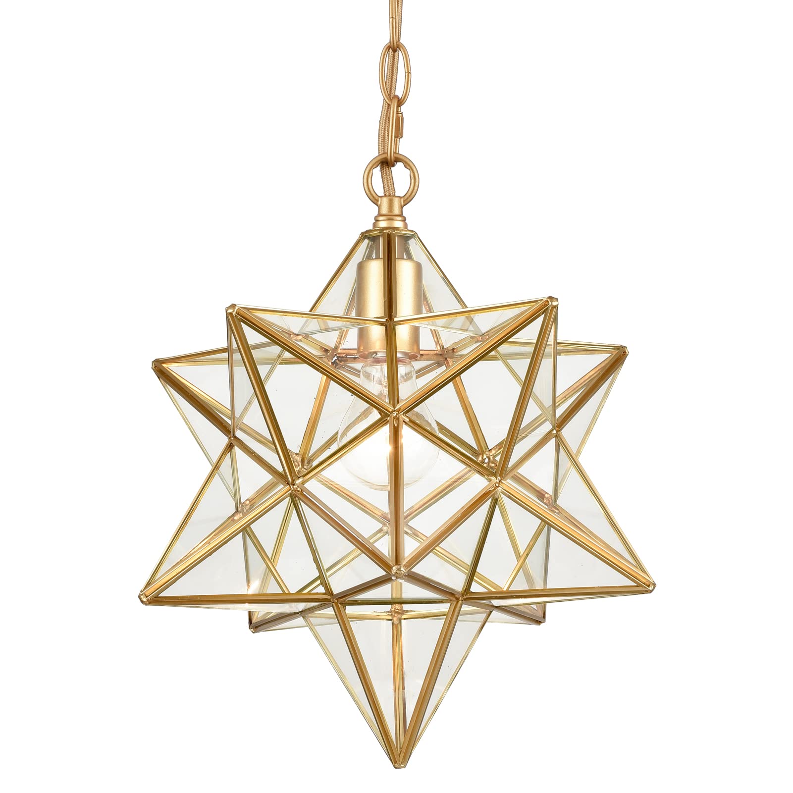 Modern Brass Moravian Star Pendant Light - 14 Inch Clear Glass Shade for Dining Room, Bedroom & Living Room Lighting