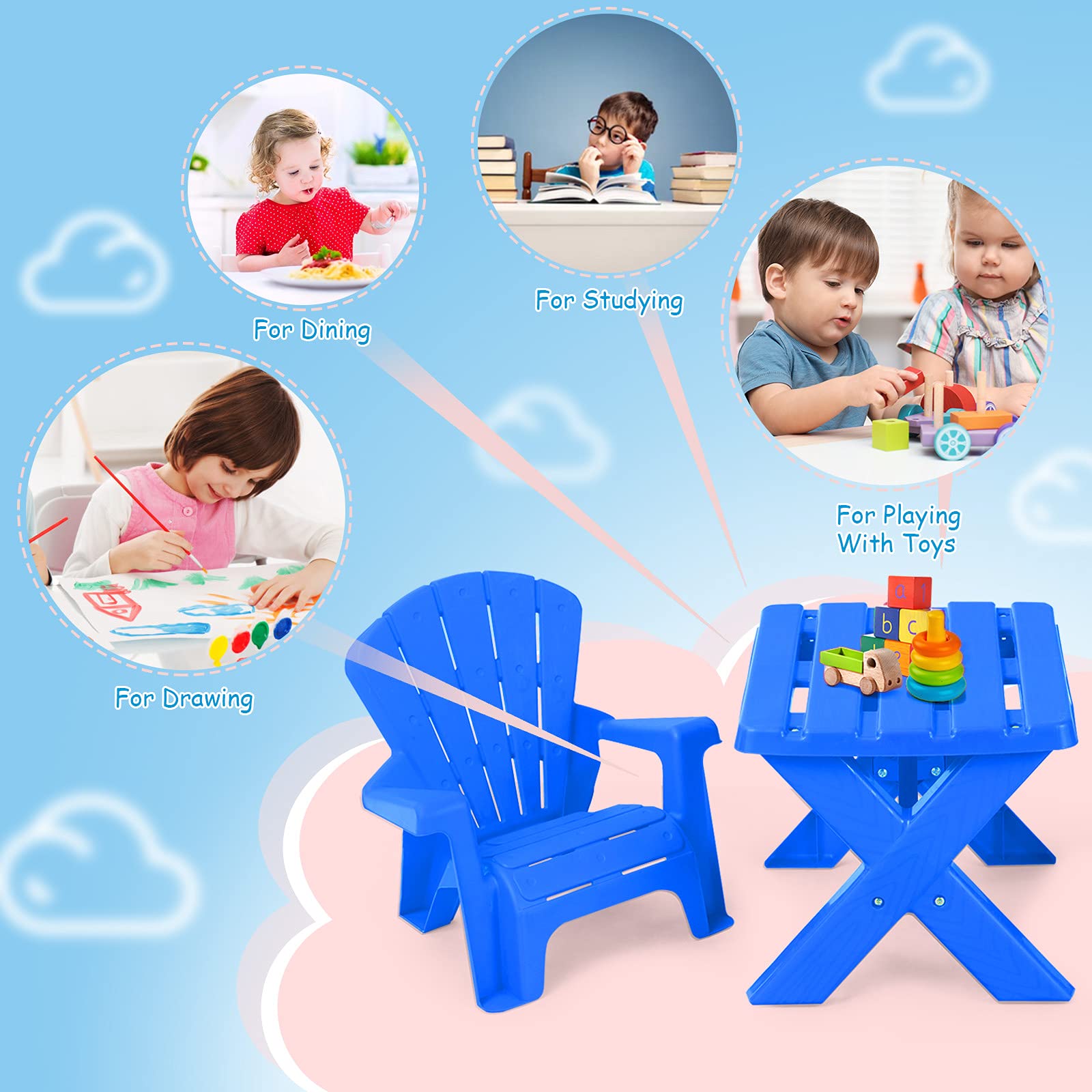 Costzon Kids Table and Chair Set - Toddler Activity Table with 2 Adirondack Chairs for Outdoor Play, Picnic, Garden & Beach (Blue) | Perfect for Backyard, Patio, Preschool & Daycare Activities