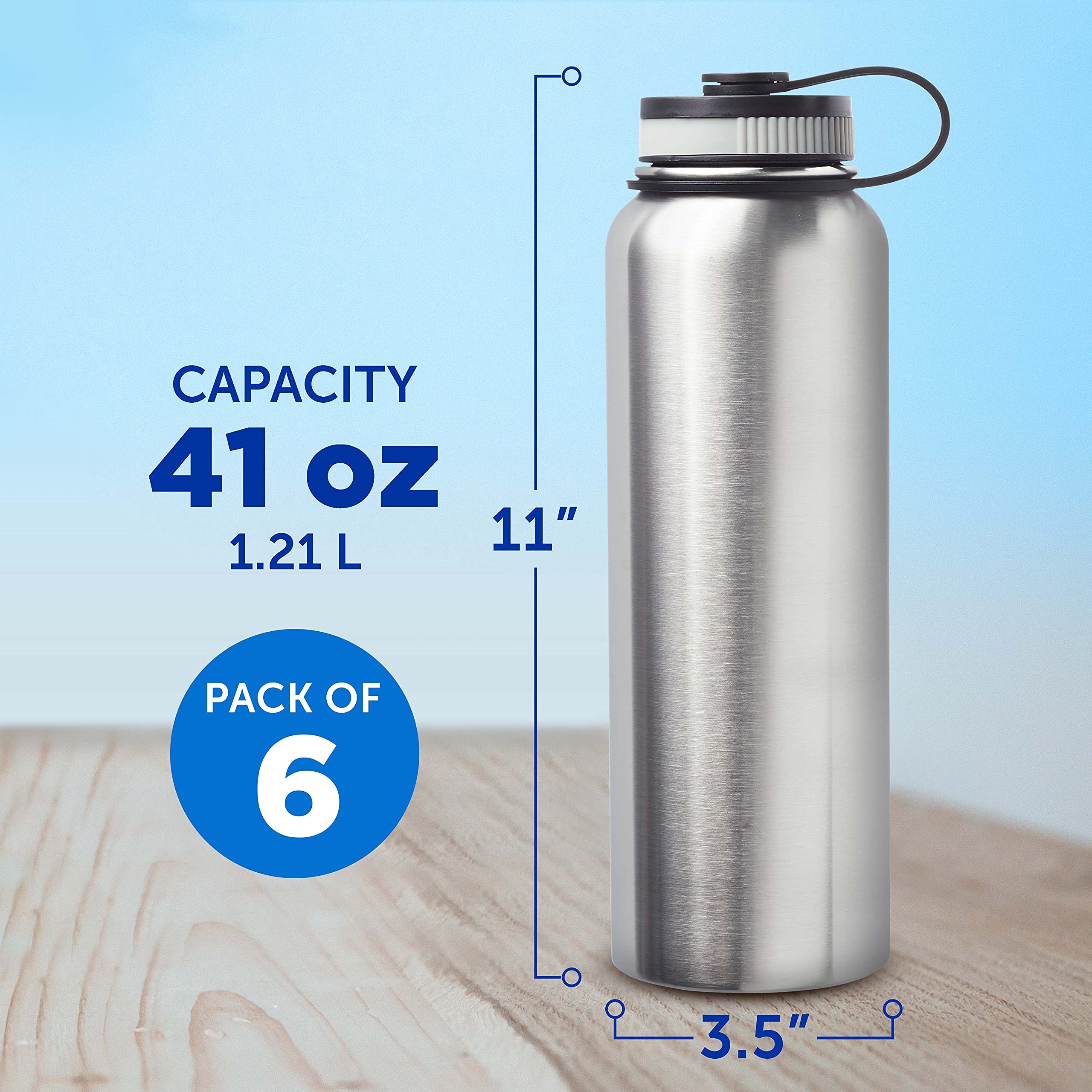 6 Pack 41 oz Stainless Steel Vacuum Insulated Water Bottles - Double Wall Silver Thermal Flask - Perfect for Hiking, Gym & Outdoor Activities