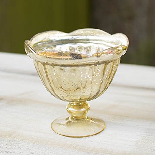 5.5 Inch Gold Mercury Glass Compote Bowl with Scalloped Edge & Pedestal Base - Elegant Centerpiece for Dining Table Decor, Wedding Reception, or Holiday Display