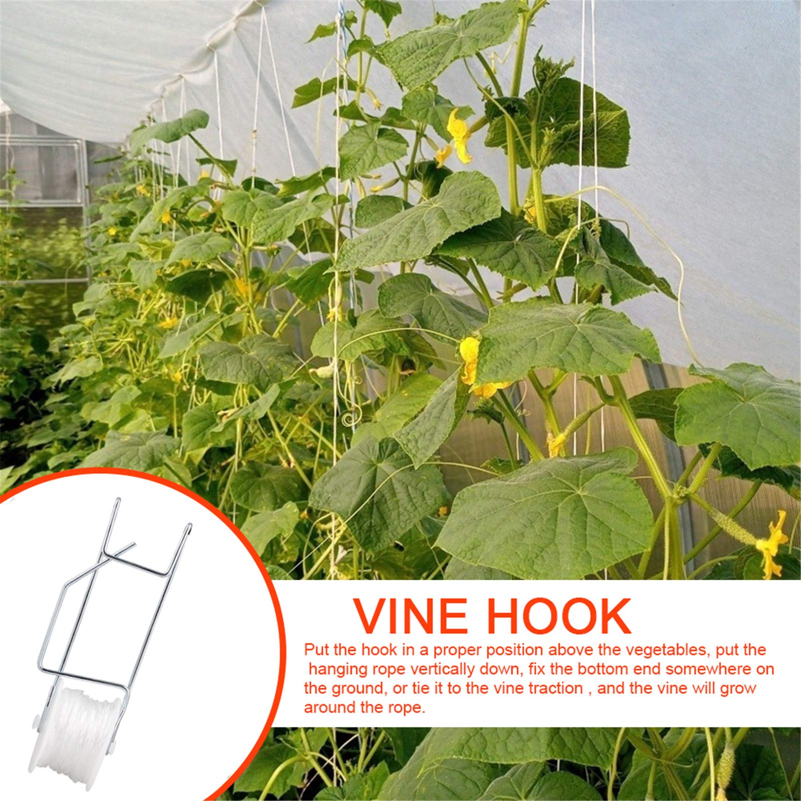 Firlar 10 Pack Tomato Trellis Roller Hooks with 49ft Twine - Heavy Duty Iron Plant Support Hooks for Climbing Vines, Garden Flowers & Vegetables - Perfect for Tomato Plants, Cucumbers & Vertical Gardening