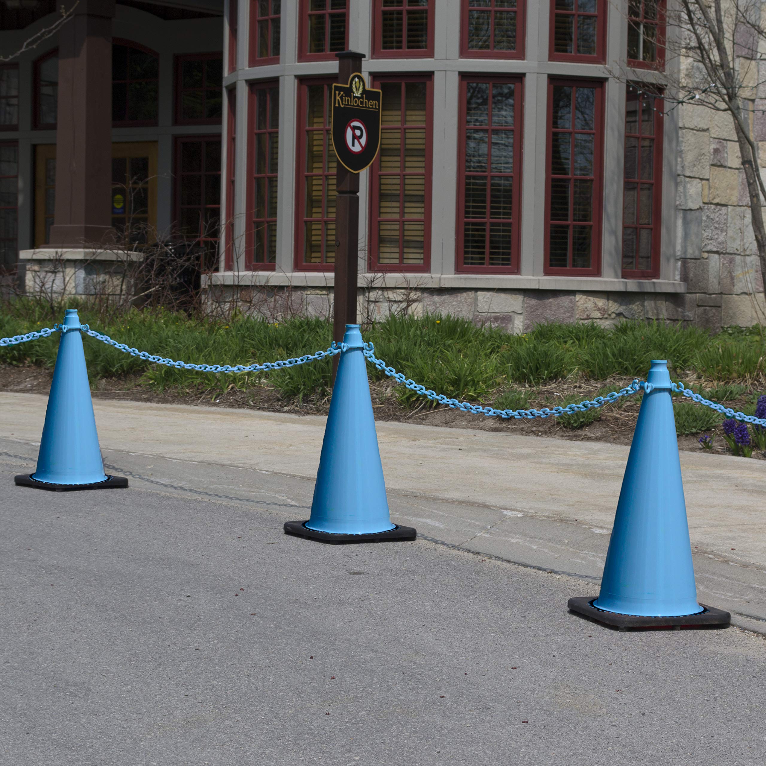 Mr. Chain Traffic Cone and Chain Kit - 28-Inch Sky Blue Safety Cone with Reflective Collar (93224-6A) for Parking Lots, Construction Sites & Road Safety