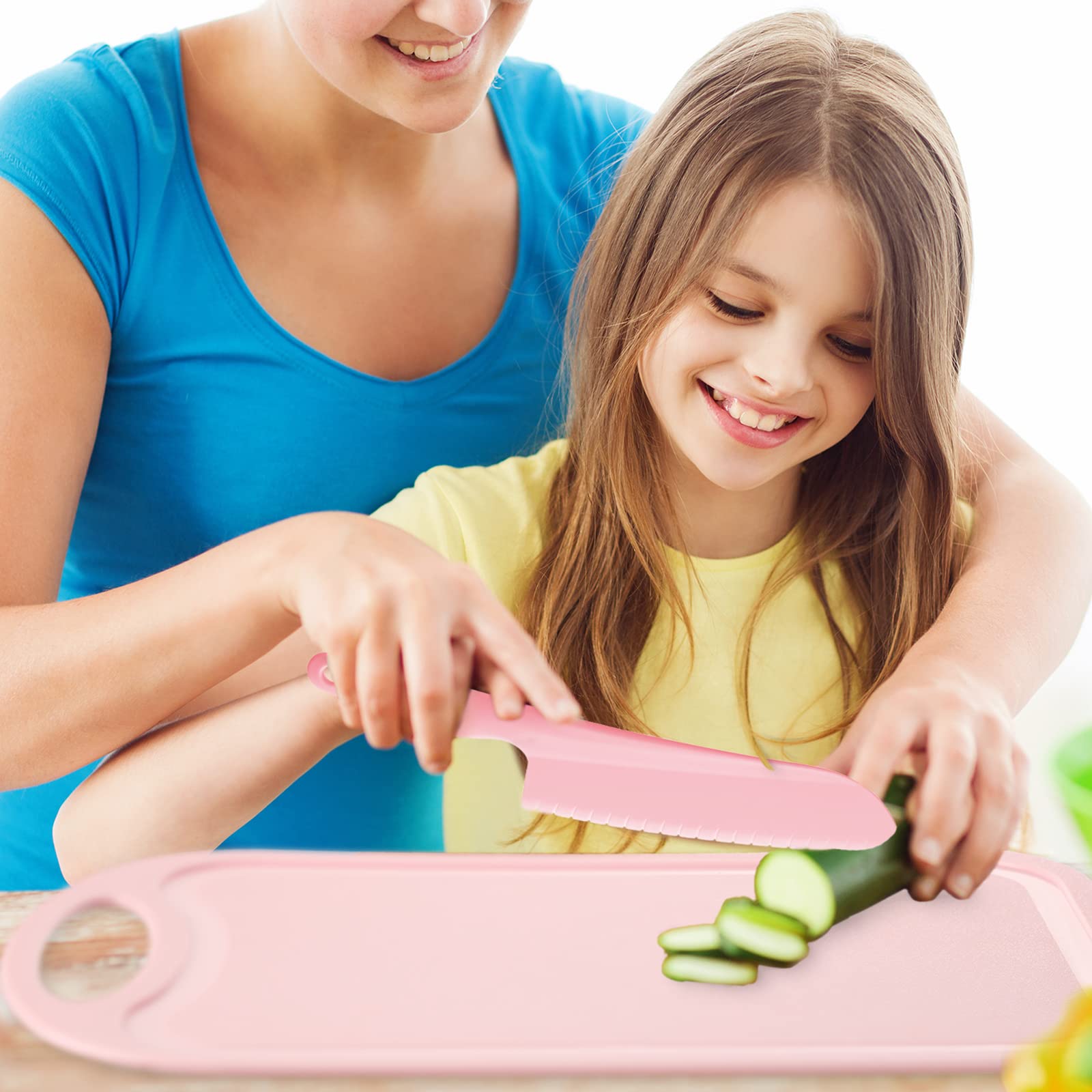 BPA-Free Kids Knife Set - Toddler Safe Cooking Utensils with Plastic Knives, Cutting Board, Plate & Fork | Real Cooking Tools for Children | Ideal for First Kitchen Experience, Montessori Learning & Family Cooking Activities (Pink)