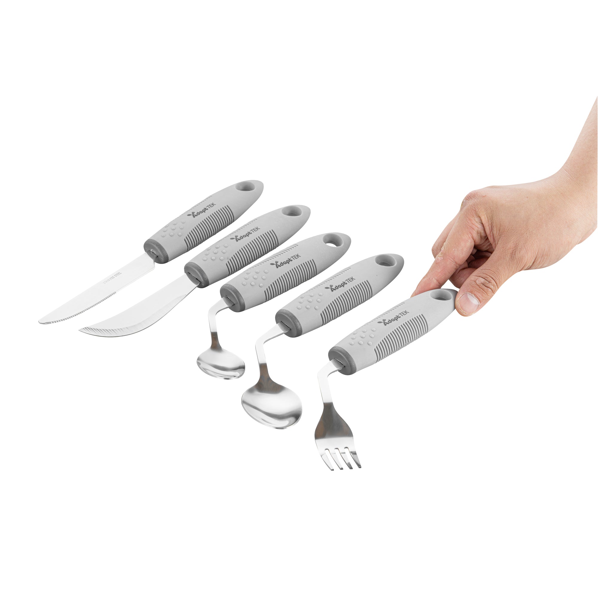 Adapt Tek Gray Stainless Steel 5-Piece Adaptive Offset Utensil Set for Right Hand - Lightweight, Non-Slip Grip (1 Count) - Ideal for Arthritis & Limited Mobility Users in Kitchen & Dining