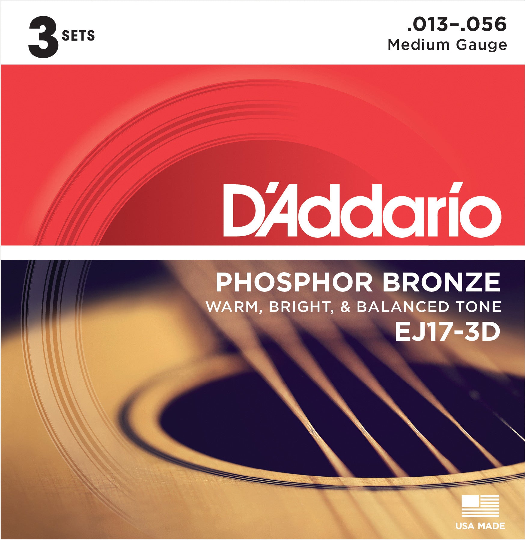 D'Addario EJ17 3D Phosphor Bronze Acoustic Guitar Strings - Medium Gauge (13-56) - 3-Pack Set | Bright Warm Tone for Folk, Country & Fingerstyle Playing