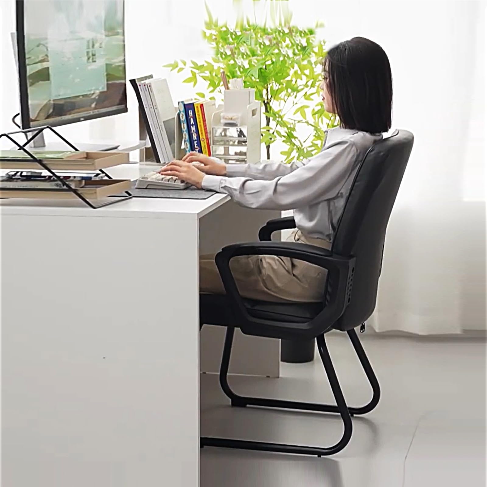 Ergonomic Leather Stationary Office Chair - No Wheels, Padded Arms & Seat, Sturdy Seld Base - Perfect for Home Office, Conference Room, Reception Area, Bedroom & Computer Desk (Gray) - Ideal for Long Work Sessions & Guest Seating