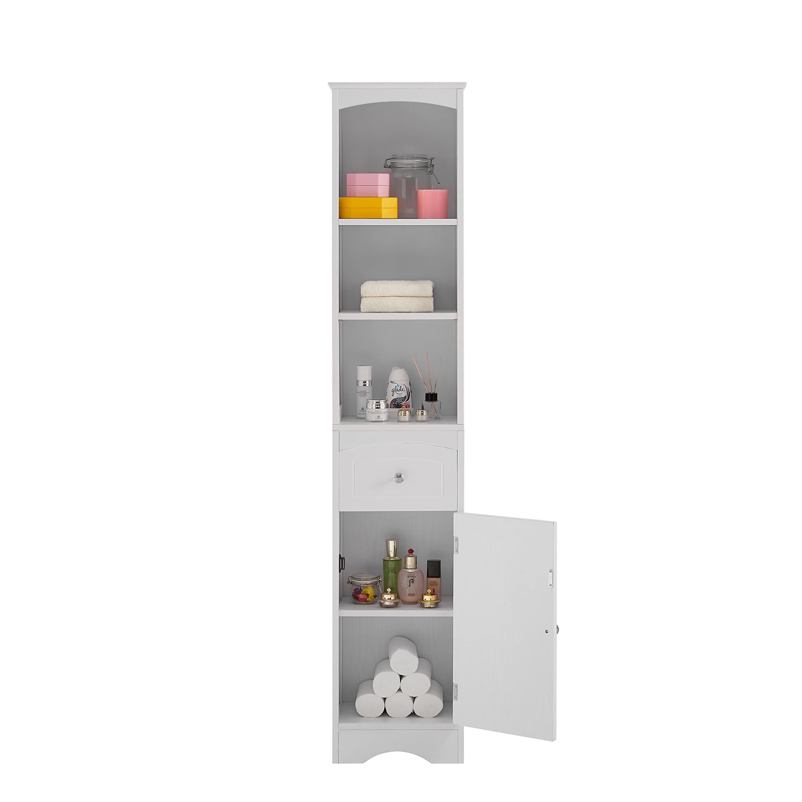 Tall Bathroom Storage Cabinet with Doors, Drawer & Shelves - Narrow Slim Floor Standing Linen Tower Organizer for Towels, Toiletries & Cleaning Supplies - White (Perfect for Small Bathrooms & Laundry Rooms)