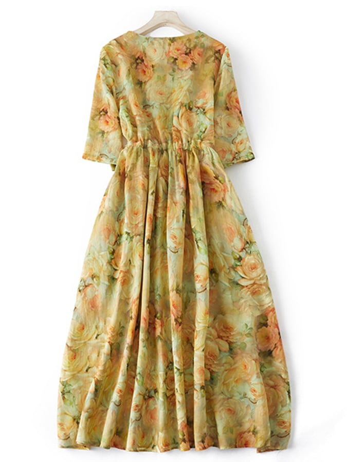 Lovevop Women's Cotton Linen Printed Retro Art Waistband Dress - Vintage Floral Summer Dress for Casual Outings & Beach Vacations