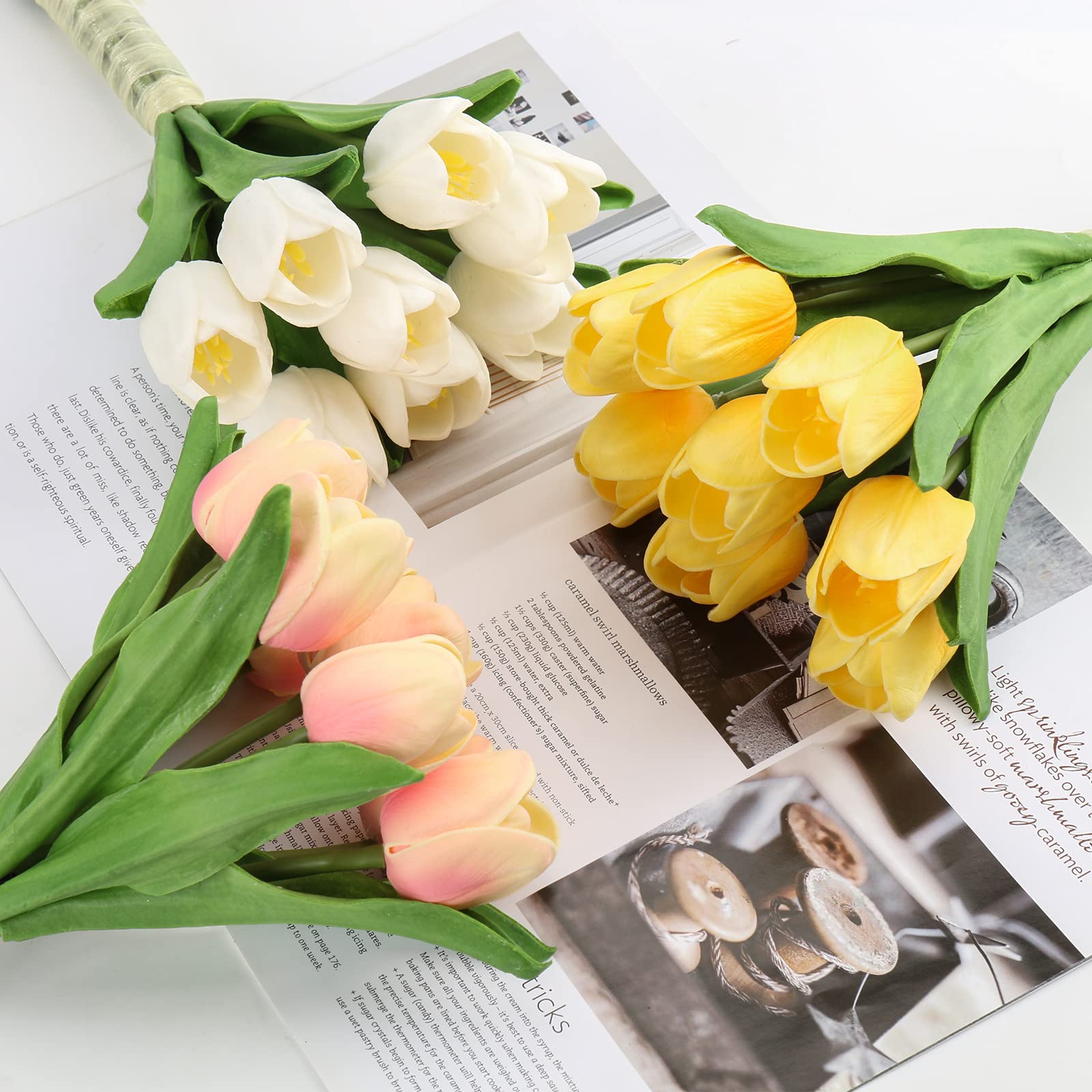 White Tulips Artificial Flowers 8pcs - Real Touch PU Fake Tulips Bouquet with LED Lights for Home, Wedding, Office Decor - Perfect for Table Centerpieces, Indoor Arrangements & Gift Giving