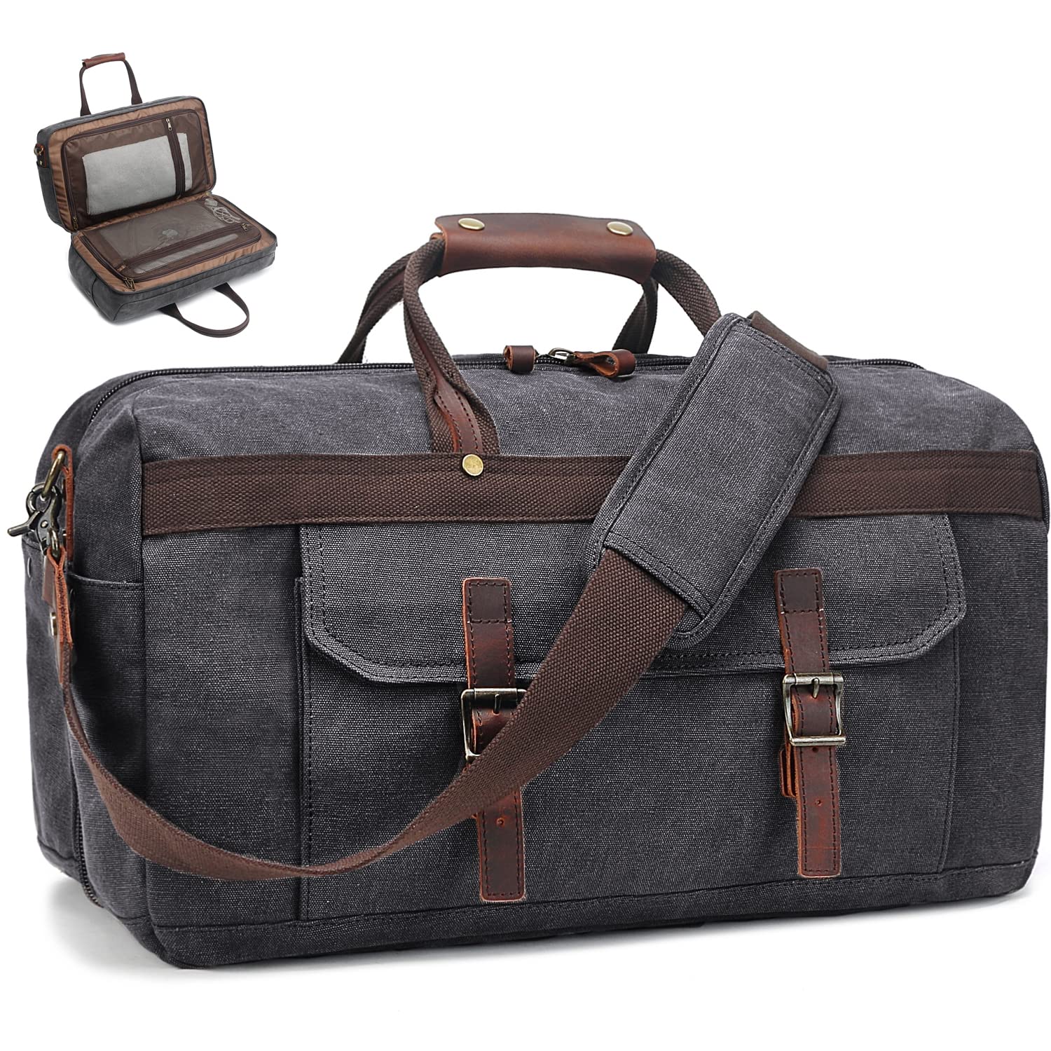Men's Waterproof Leather & Canvas Duffle Bag - Travel & Weekender for Overnight Trips