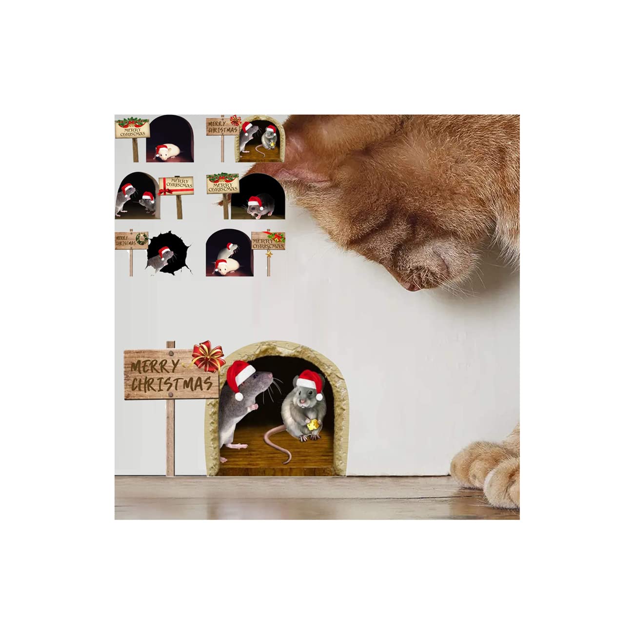 6PCS Realistic 3D Mouse Hole Wall Stickers - Christmas Cute Mouse in The Hole Wall Decals for Living Room & Kids Room - Fun Holiday Home Decor for Christmas Party & Family Gathering