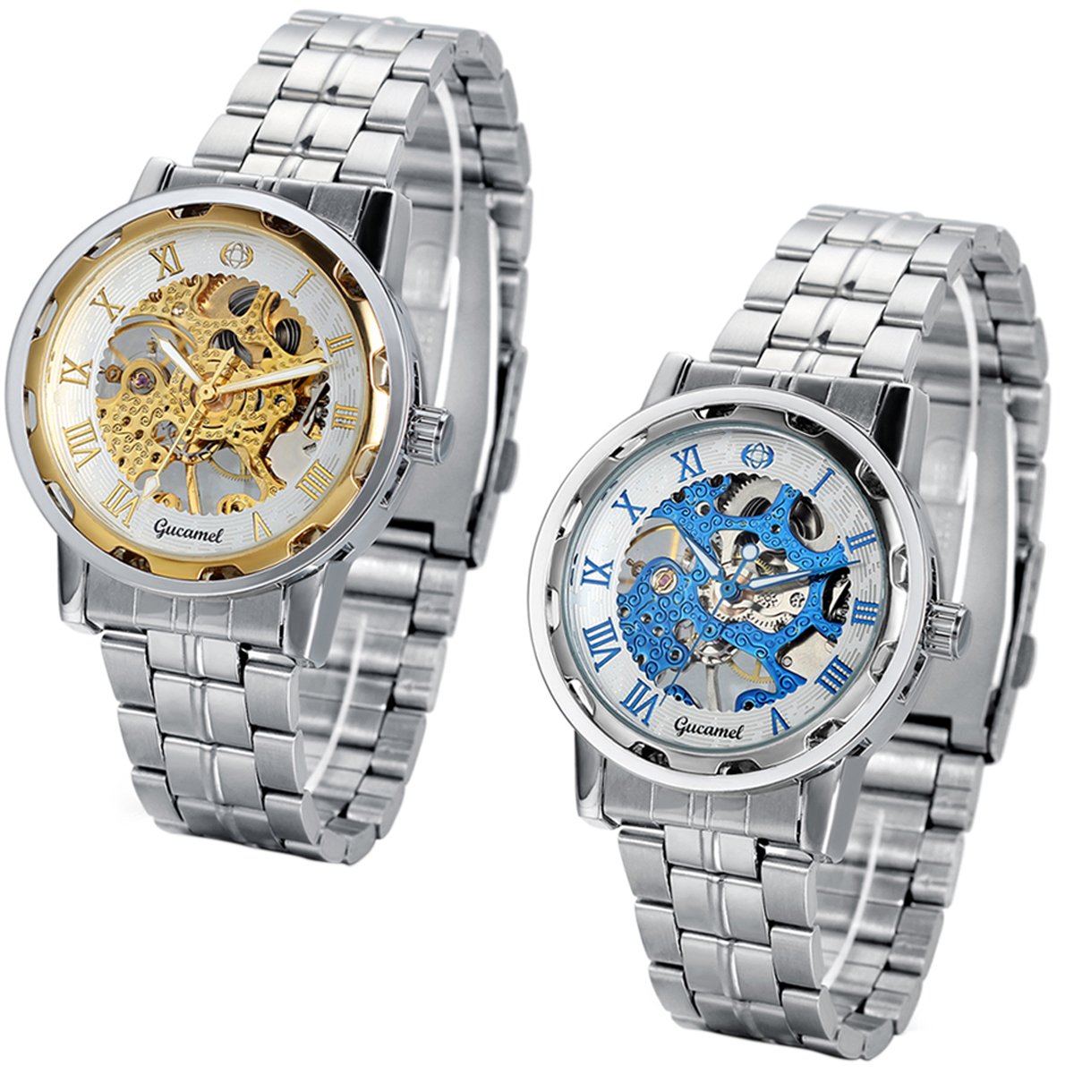 Men's Skeleton Hand-Wind Watches - 2pcs Stainless Steel Band for Birthday Gifts | Formal & Casual Wear