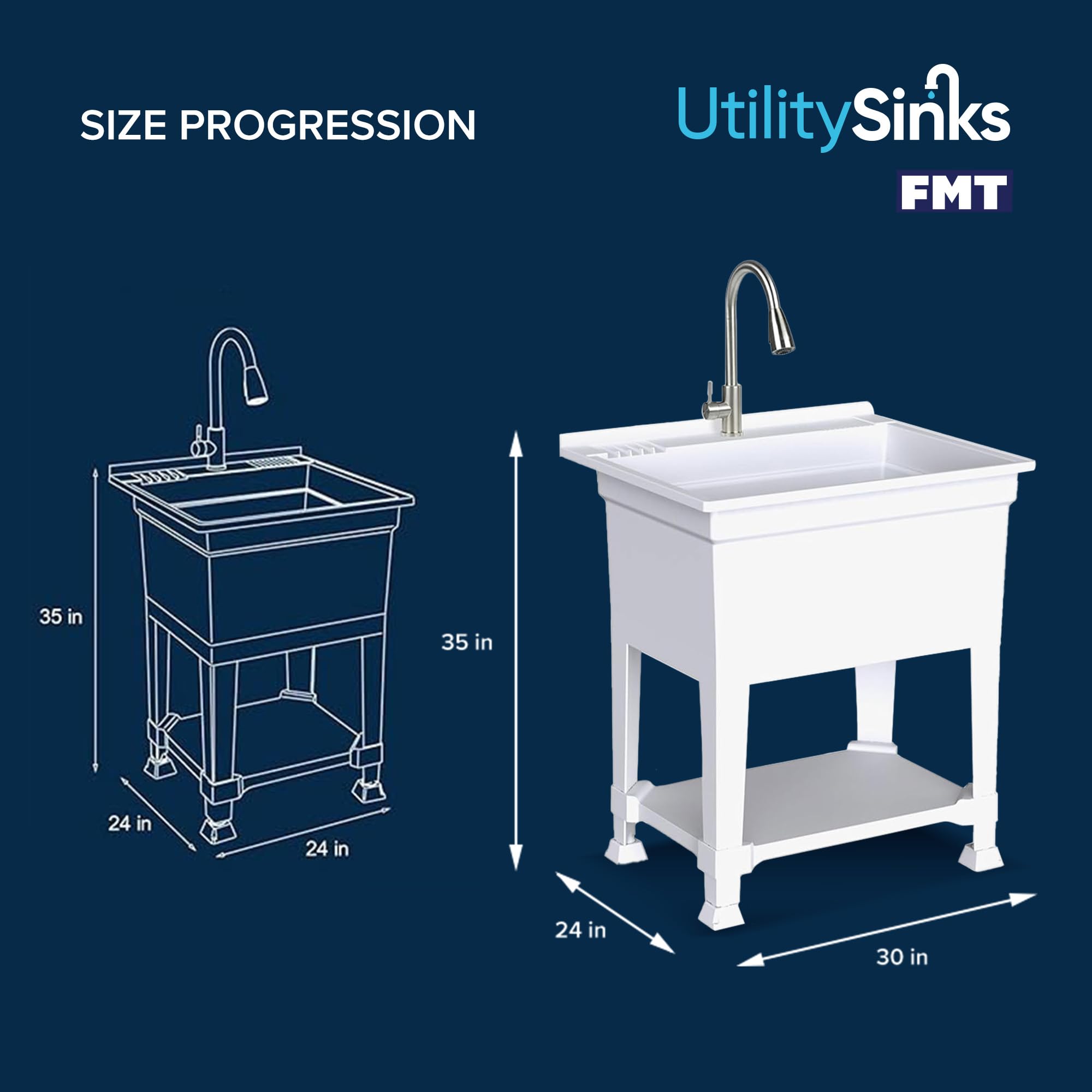 30 x 24 Inch White Freestanding Utility Sink for Laundry Room, Garage & Workshop - Heavy Duty Stainless Steel Basin for Washing, Cleaning & DIY Projects