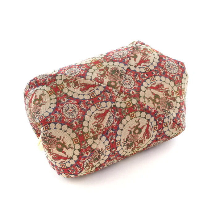 Nishijin Woven Small Lion Hunter Red Pouch - Handmade in Kyoto Japan | Cosmetic & Makeup Bag, Japanese Gamaguchi Pouch for Travel Toiletry, Stationery Organizer, Bag-in-Bag | Perfect for Daily Essentials, Gift Giving & Japanese Culture Lovers