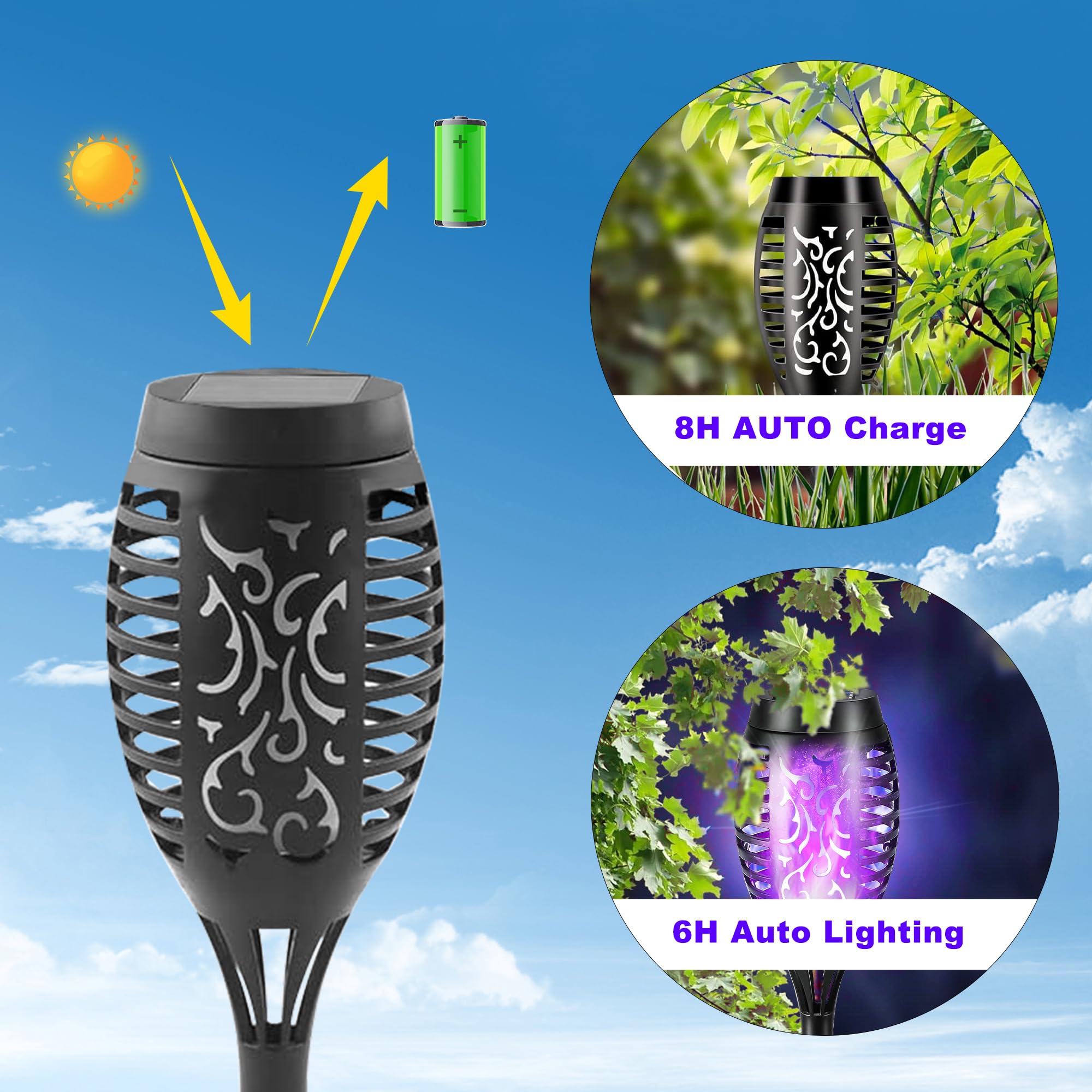 12 Pack Purple Solar Powered Tiki Torch Lights - Waterproof Outdoor Christmas Decorations with Realistic Flickering Flame - Perfect for Patio, Garden, Pathway & Holiday Lighting