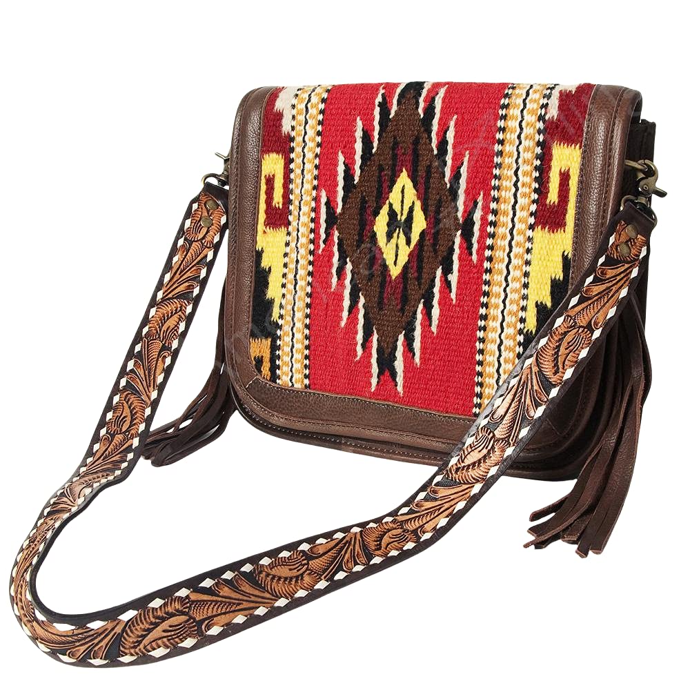 American Darling Vintage Messenger Saddle Blanket Bag - Hand Tooled Whip Stitch Leather Strap in Red | Western Cowboy Style Crossbody Purse for Women, Perfect for Rodeo, Music Festivals & Everyday Use