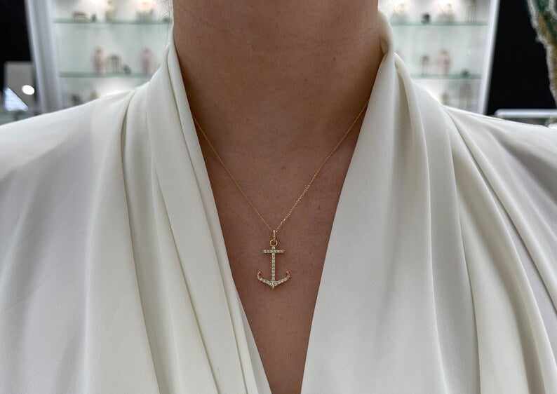 14K Gold Natural Diamond Anchor Necklace for Women - 0.45tcw Iced Out Pave Cut Ocean Lover Jewelry Gift for Birthday, Anniversary & Beach Vacation