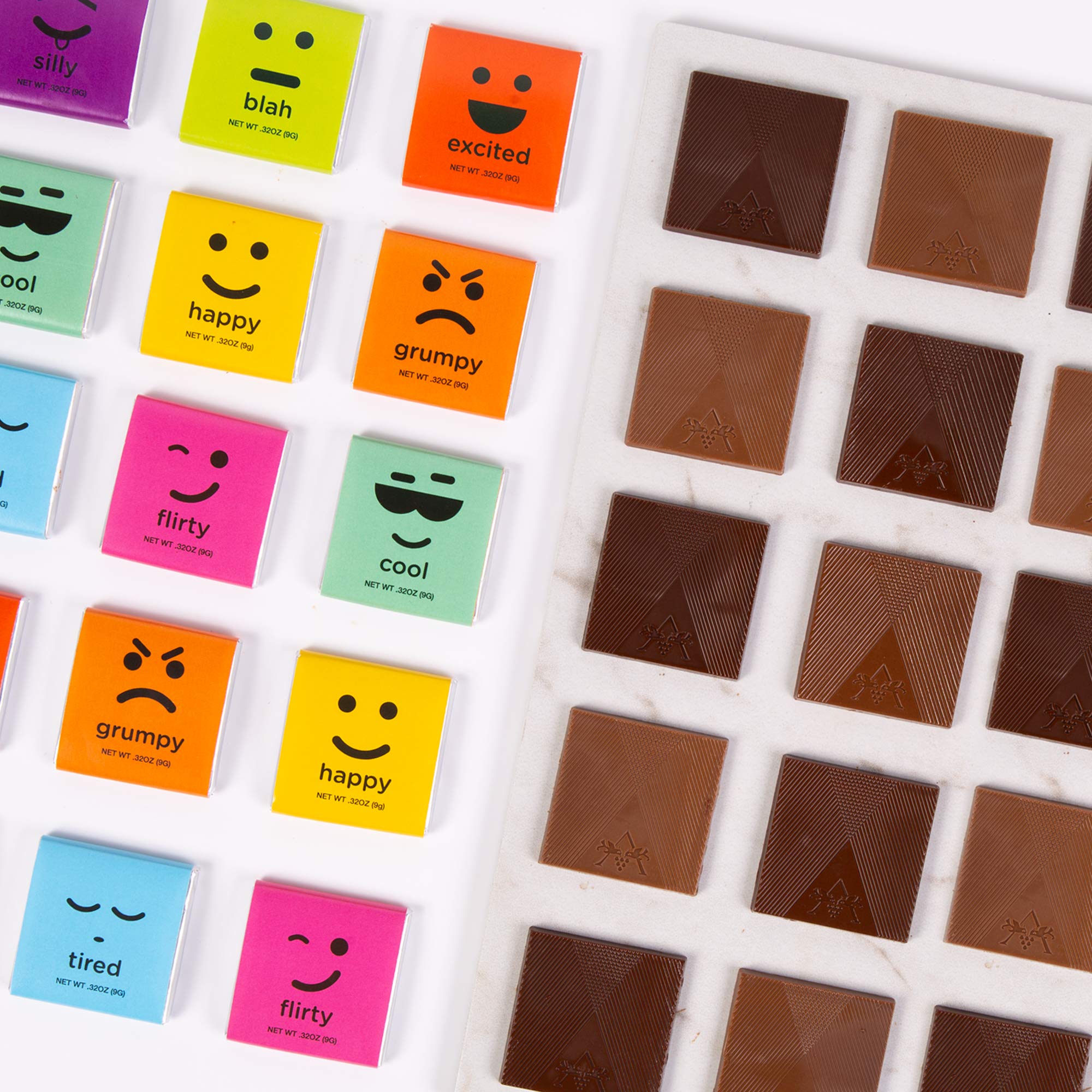 Gourmet Chocolate Squares Bars - Assorted Premium Milk & Dark Emoji Candy Gift Box by Astor Chocolate | 18-Piece Variety Pack Moodibars for Parties, Birthdays & Romantic Gifts