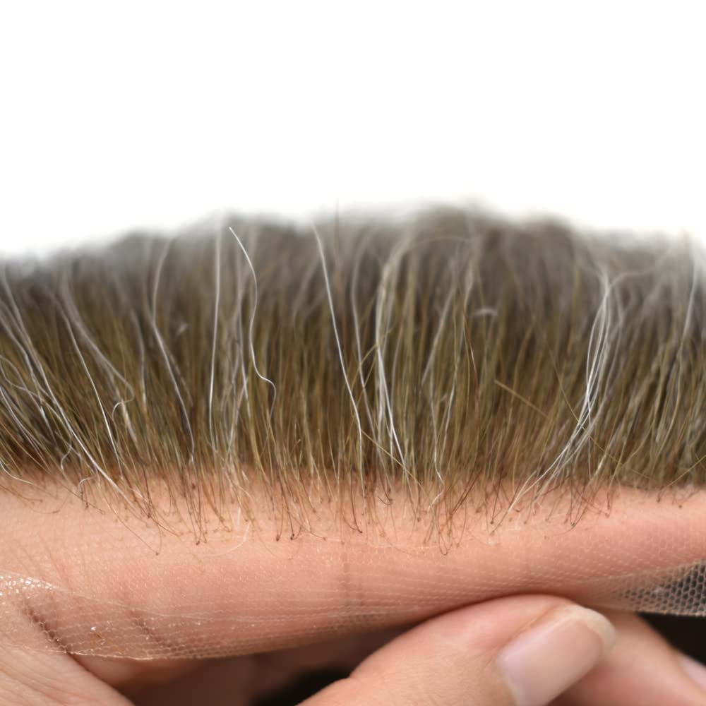 Natural Human Hair Toupee for Men - Swiss Lace Base Hair Replacement System with PU Bleached Knots | 8x10 Inch Light Medium Density (540# Medium Light Brown with 40% Gray) | Perfect for Daily Wear, Special Occasions & Hair Loss Solutions | SINGA HAIR