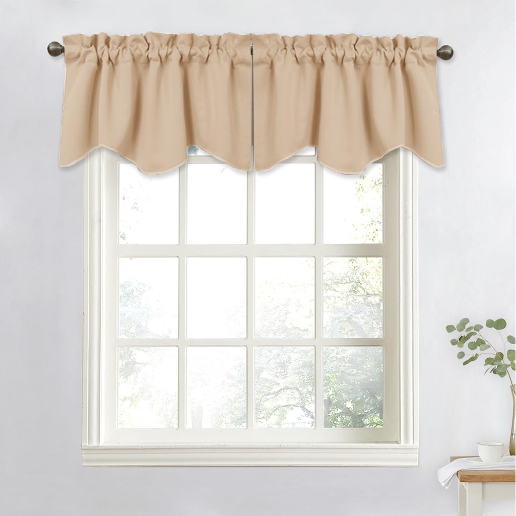 NICETOWN Thermal Insulated Blackout Valance Curtain 52x18 Inches - Scalloped Window Treatment for Living Room, Bedroom, Nursery, Dorm, Kitchen - Energy Saving & Light Blocking - Biscotti Beige Single Panel - Perfect for Bow Windows & Home Decor