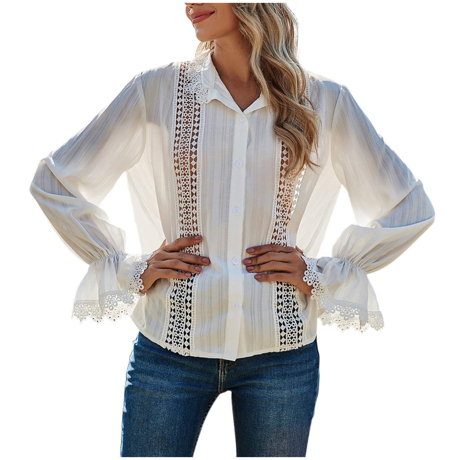 Plus Size Women's White Lace Long Sleeve Shirt with Hollow Stitching, Trumpet Sleeves & Stand Collar - Elegant Blouse for Work, Office & Special Occasions