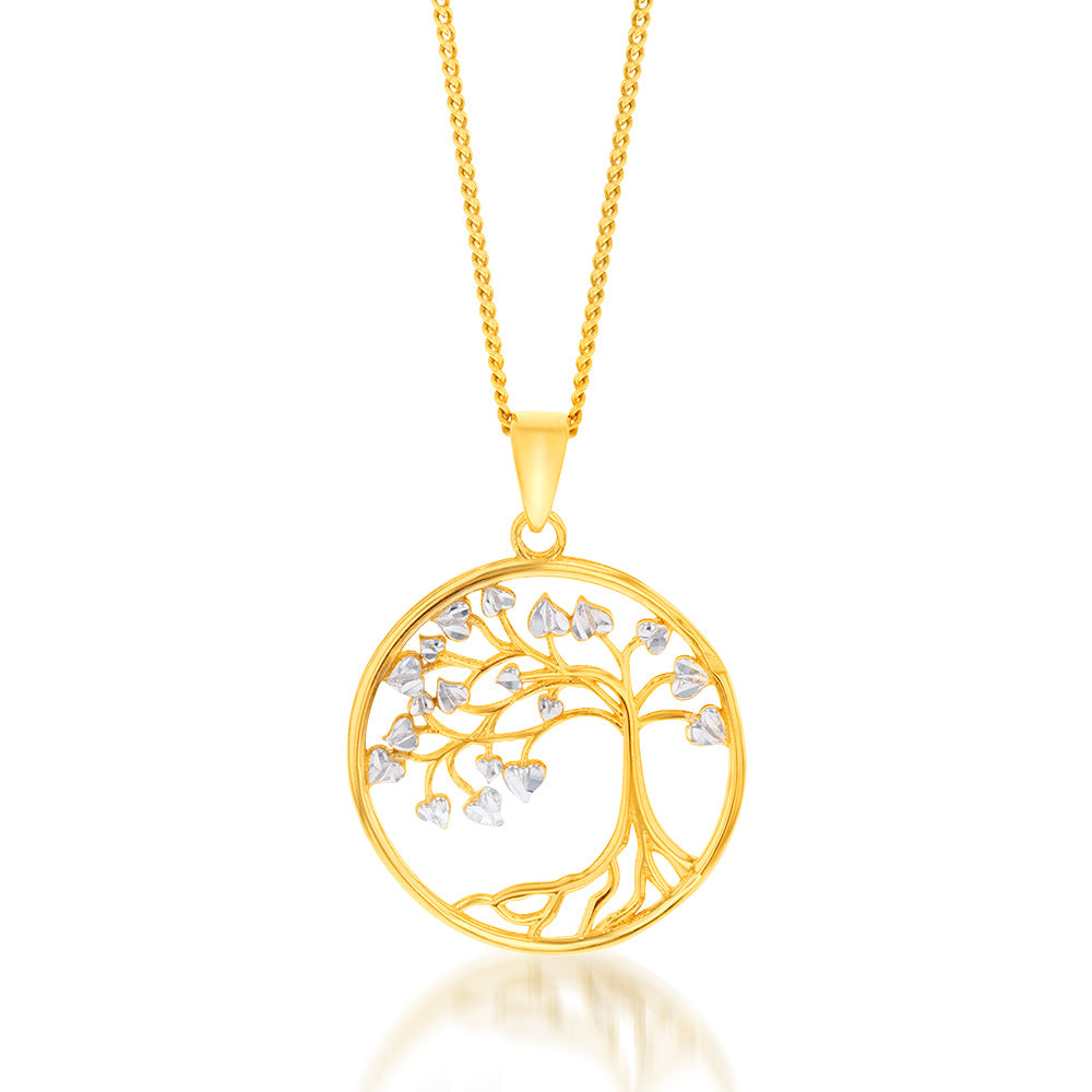 9ct Yellow & White Gold Diamond-Cut Tree of Life Pendant Necklace - Spiritual Jewelry Gift for Women, Perfect for Birthdays, Anniversaries & Everyday Wear