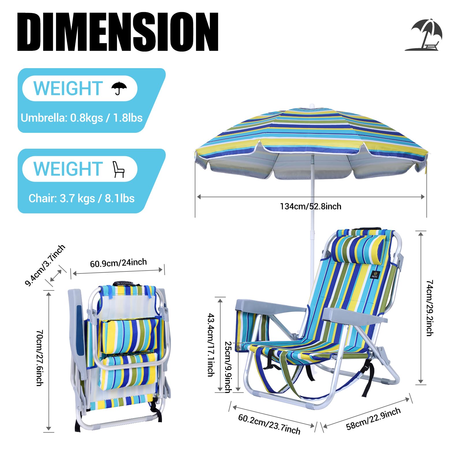 Premium Folding Backpack Beach Chair with Umbrella & Cooler - High Back Support, Cup Holder - Portable Sand Chair for Adults - Perfect for Beach, Pool, Camping & Outdoor Relaxation (Set of 1)