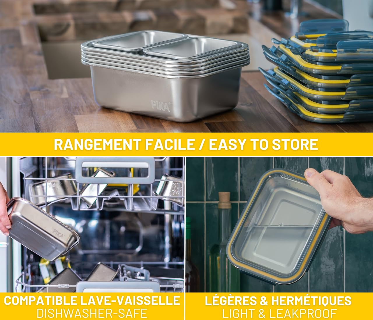 PIKA - 7-Piece Airtight Stainless Steel Food Storage Containers Set - Microwave, Oven & Freezer Safe - Perfect for Meal Prep, Batch Cooking & Leftovers Storage - Ideal for Home, Office & Picnic Use