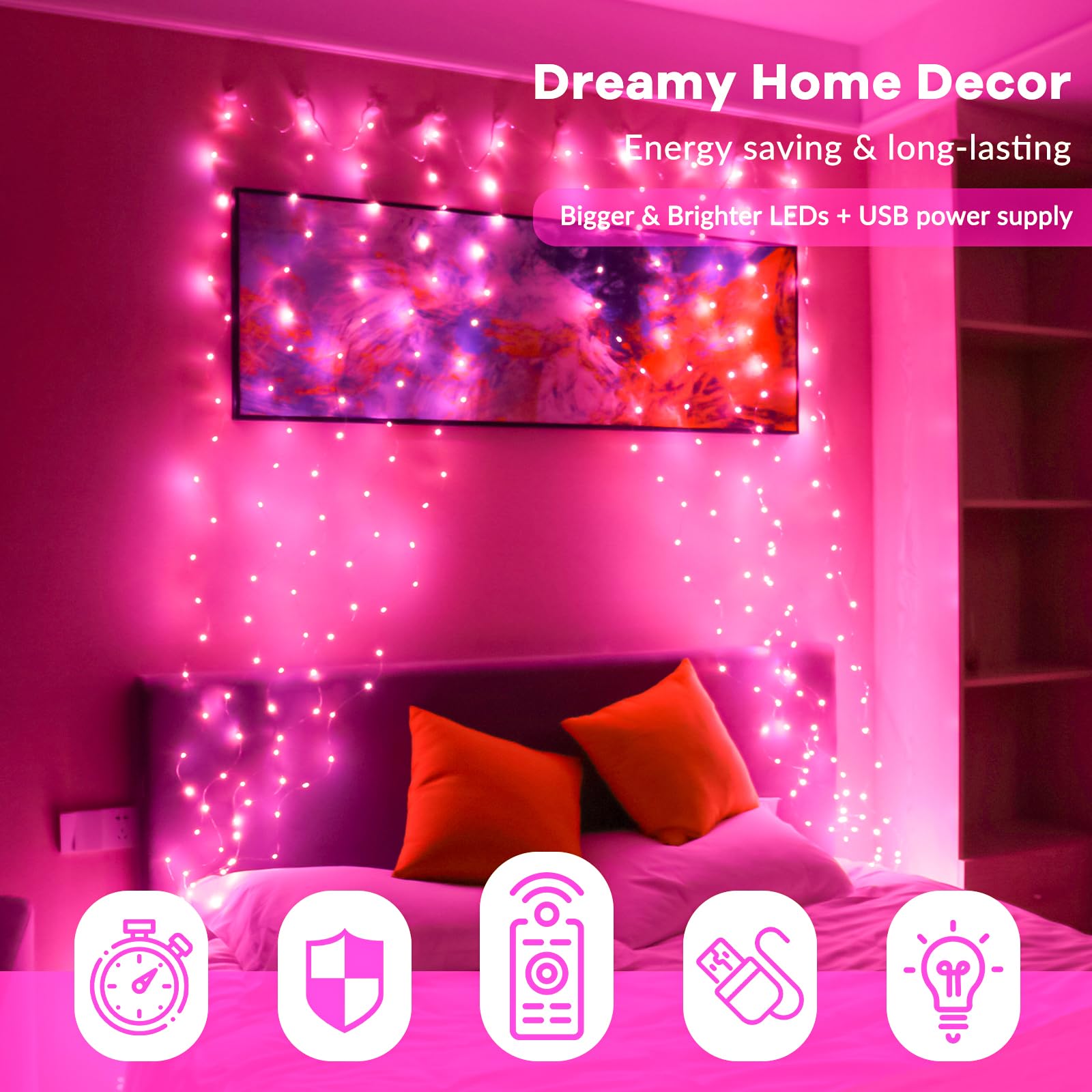 300 LED Pink Fairy Curtain Lights with Remote - 8 Lighting Modes & Timer, 9.8x9.8ft USB Plug-in String Lights for Bedroom, Outdoor, Wedding, Party, Garden Decor | Romantic Ambiance, Holiday & Event Lighting