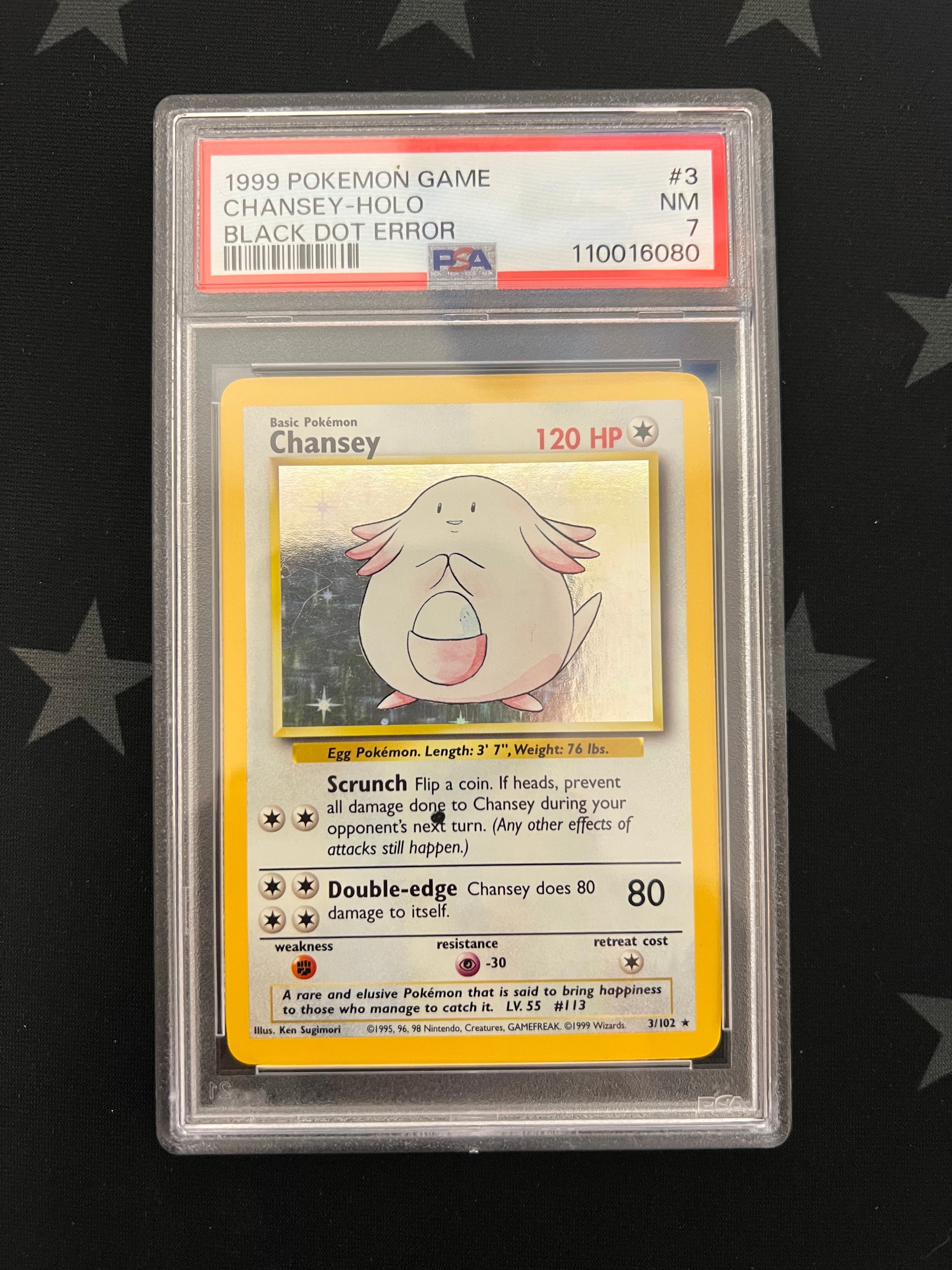 1999 Chansey Holo Black Dot Error 3/102 PSA 7 Pokemon Card - Rare Collectible for Trading Card Game Enthusiasts & Investors, Perfect for Display, Gaming & Portfolio Diversification