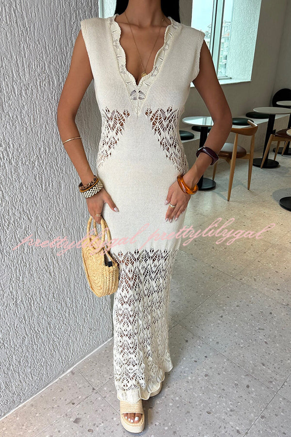 Elegant Solid Color Hollow Knit V-Neck Slim Fishtail Maxi Dress for Women - Perfect for Beach Vacation, Summer Party & Evening Occasions
