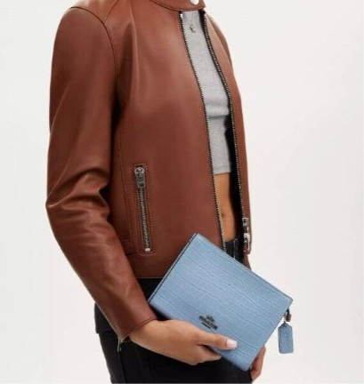 Coach Croc Embossed Leather Slim Crossbody Bag in Light Blue | Genuine Leather Shoulder Purse for Women | Perfect for Work, Travel and Everyday Use
